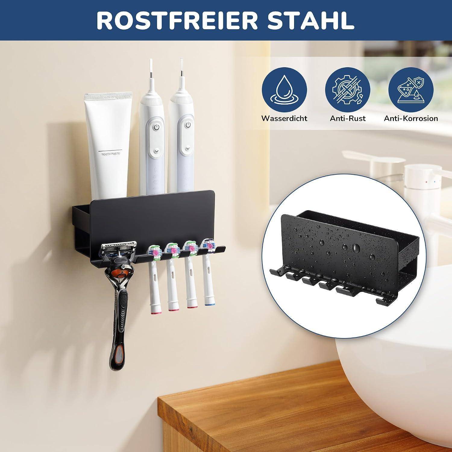Wandorganizer aus schwarzem Edelstahl für das Badezimmer mit Zahnbürsten, Zahnpasta und einem Rasierer; Ausschnitt zeigt das wasserfeste, rostfreie Design.