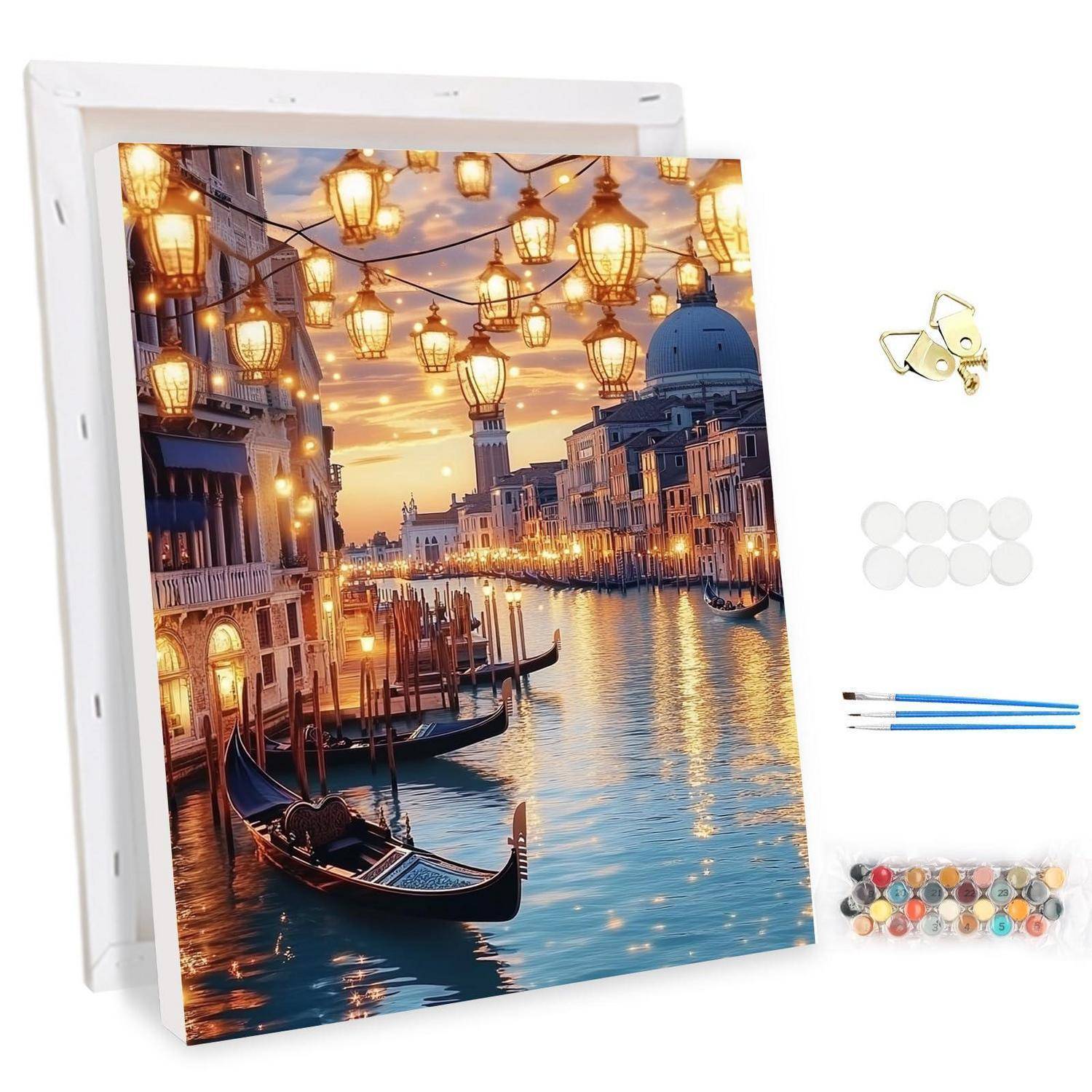 DIY-Diamantmalerei-Set mit einer venezianischen Kanalsonnenuntergangsszene mit Gondeln, hängenden Laternen, Leinwand, Bohrperlen, Tablett und Werkzeugen.