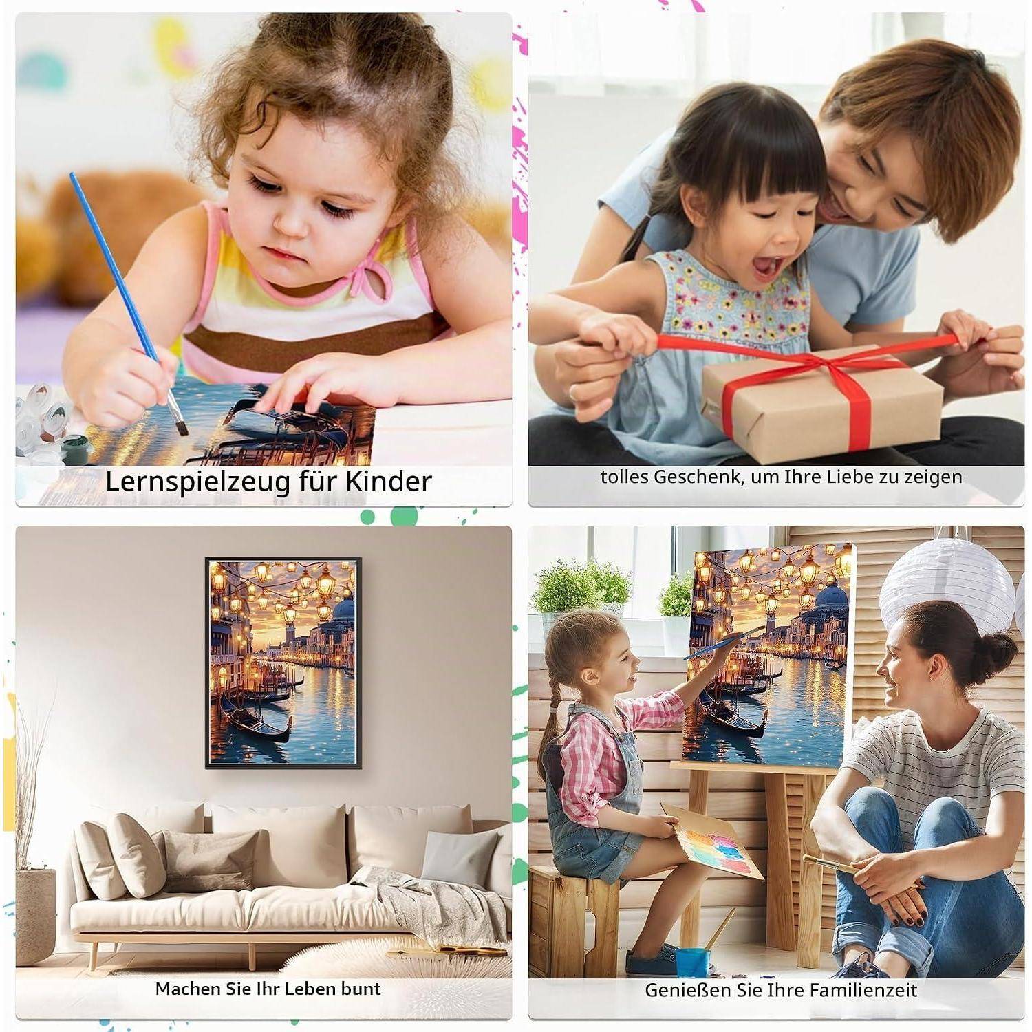 Eine vierteilige Collage zeigt ein Kind, das mit einem Spielzeug lernt, eine Mutter und ein Kind, die ein Geschenk auspacken, eine gerahmte Stadtlandschaft in einem Wohnzimmer und eine Familie, die gemeinsam Zeit verbringt.