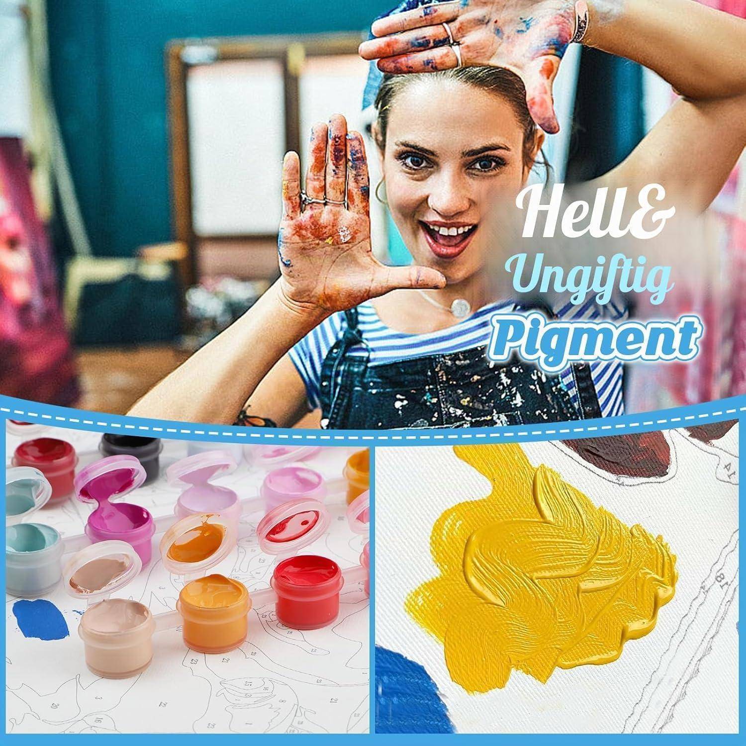 Werbebild einer lächelnden Frau, die ihre mit Farbe bedeckten Hände hochhält, mit dem Text „Hell6 Unfätig Pigment
