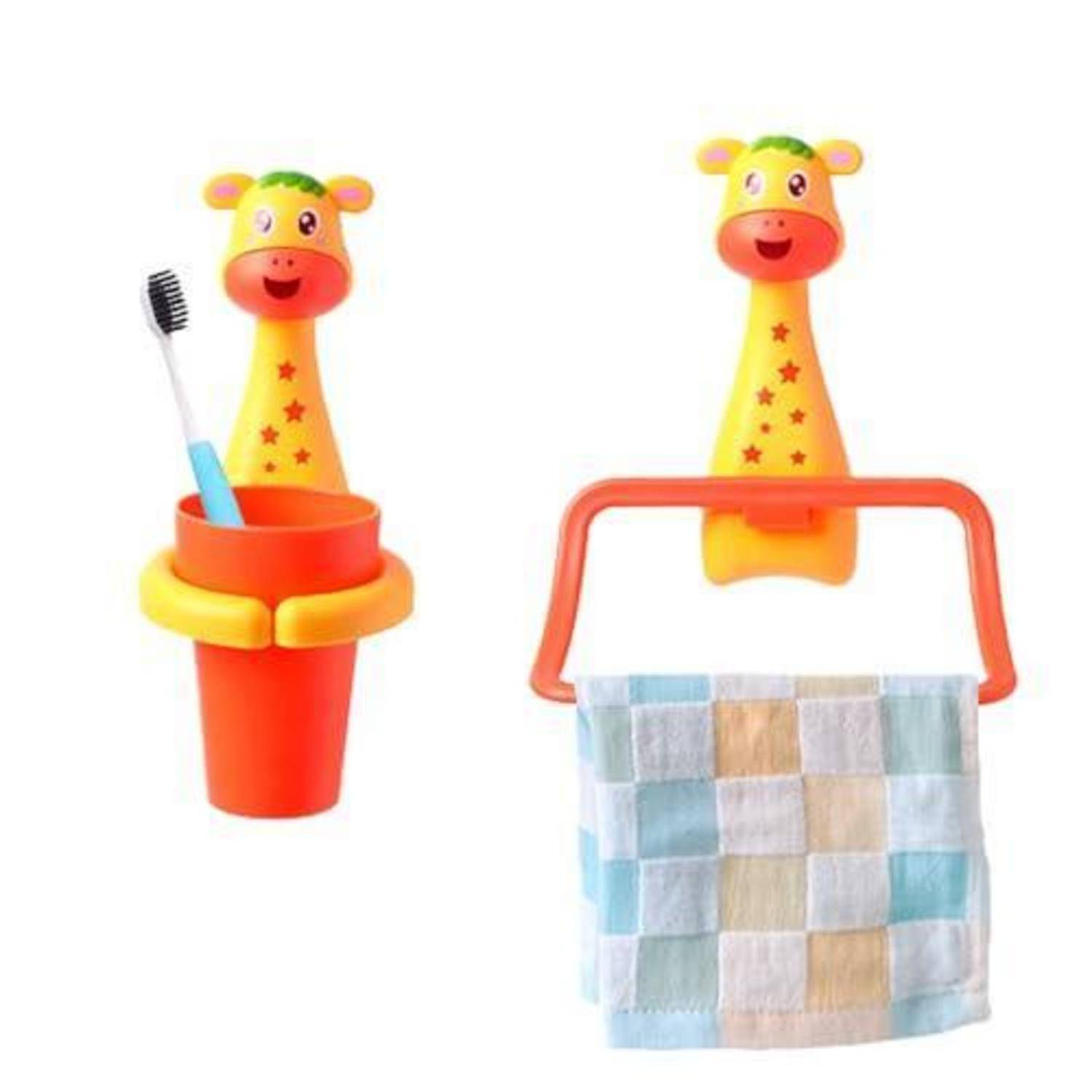 Cartoon-Giraffe-Badezimmerhalter, gezeigt in zwei Verwendungsarten: eine hält eine Zahnbürste in einem Becher, die andere hält ein hängendes Handtuch.