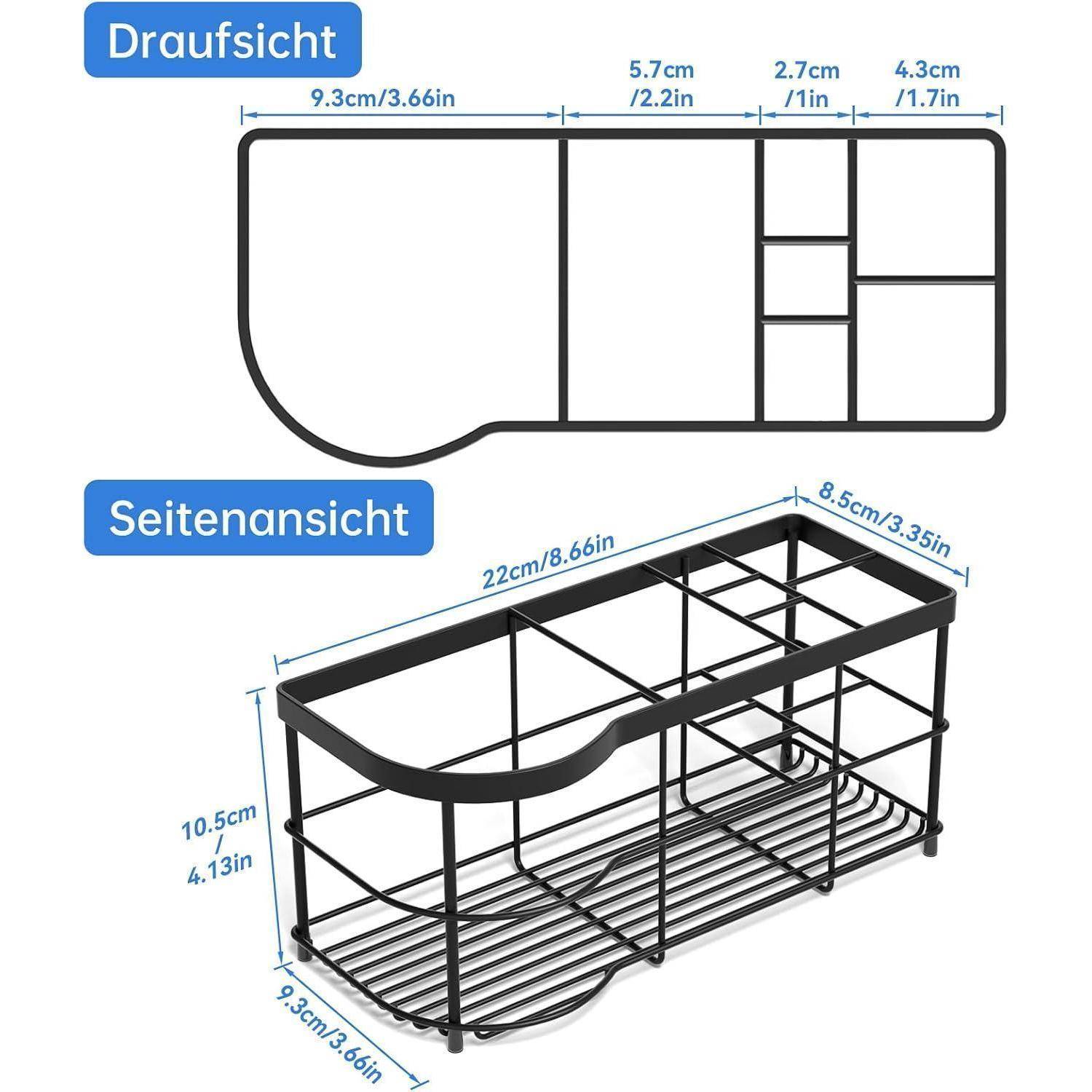 Diagramm eines schwarzen Drahtlagerkörbes mit gebogenem Vorderteil, dargestellt in Draufsicht und Seitenansicht mit Abmessungen: 22 cm lang, 8,5 cm breit, 10,5 cm hoch.