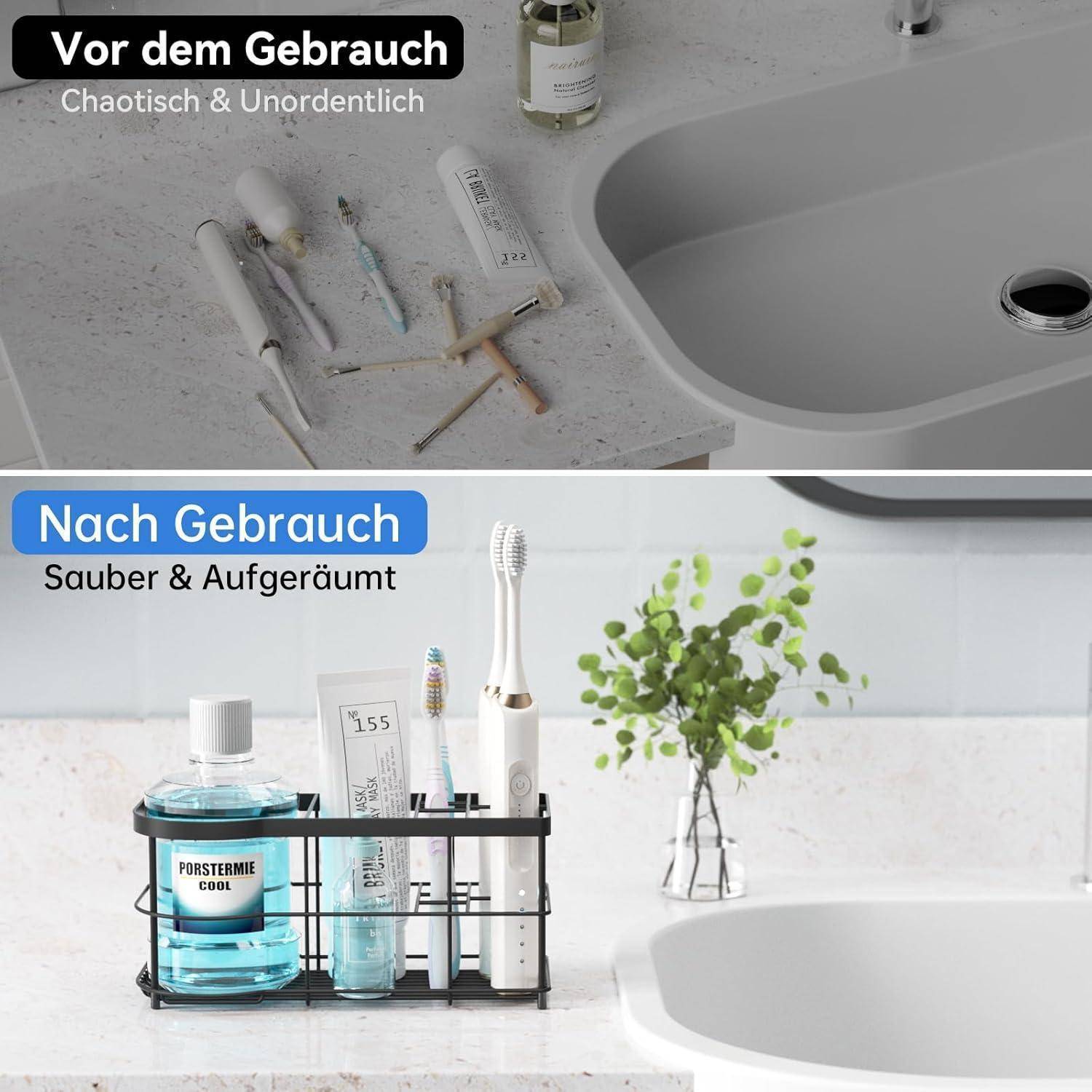 Geteiltes Bild, das eine Badezimmerablage vor und nach der Nutzung zeigt – vorher unordentlich und chaotisch, nachher sauber und organisiert mit Toilettenartikeln in einem Behälter und einer kleinen Pflanze.