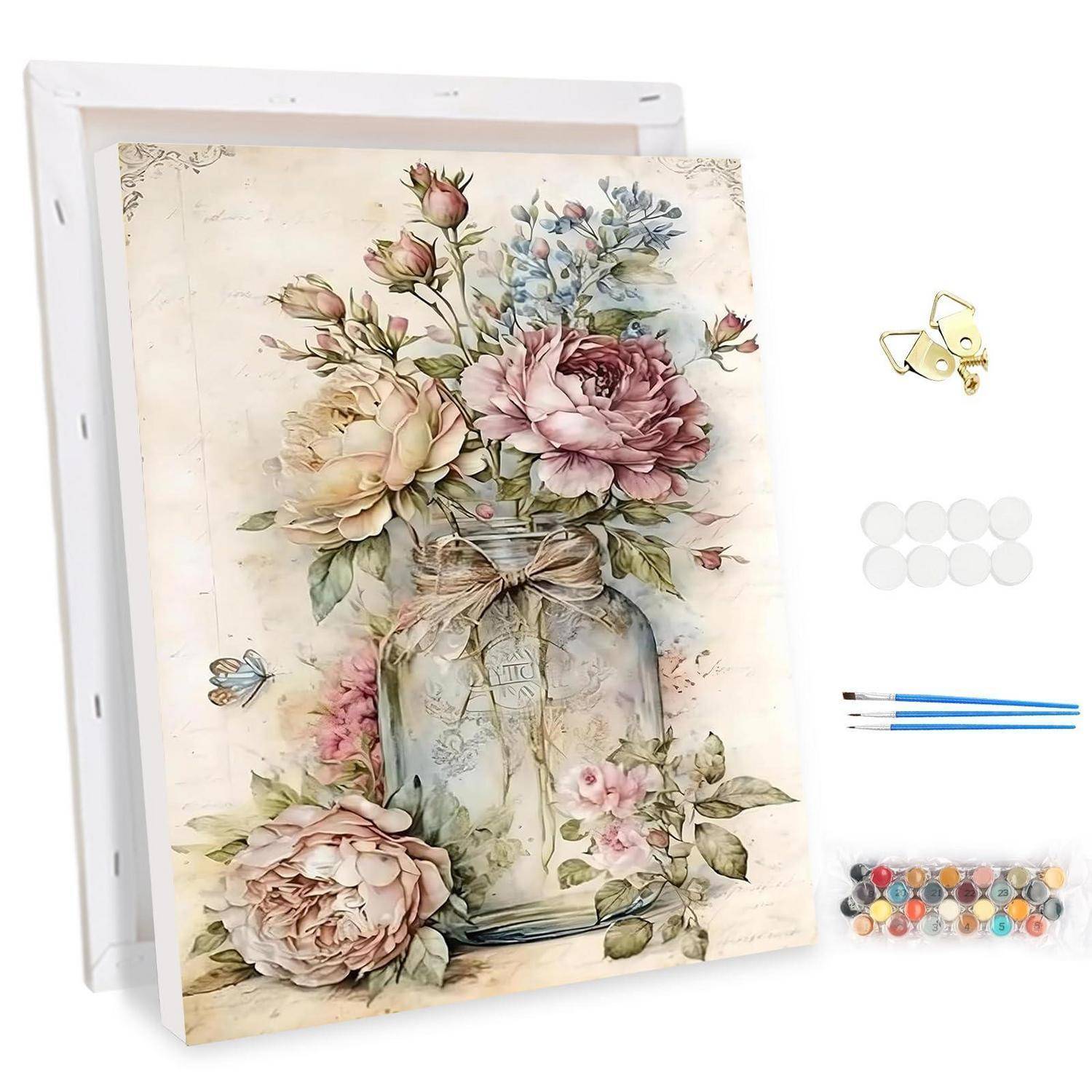 Malset mit Leinwand, vintage Blumenstrauß in einem Glas, Aufhängehaken, Klebepunkte, Pinsel und bunte Malsteine.