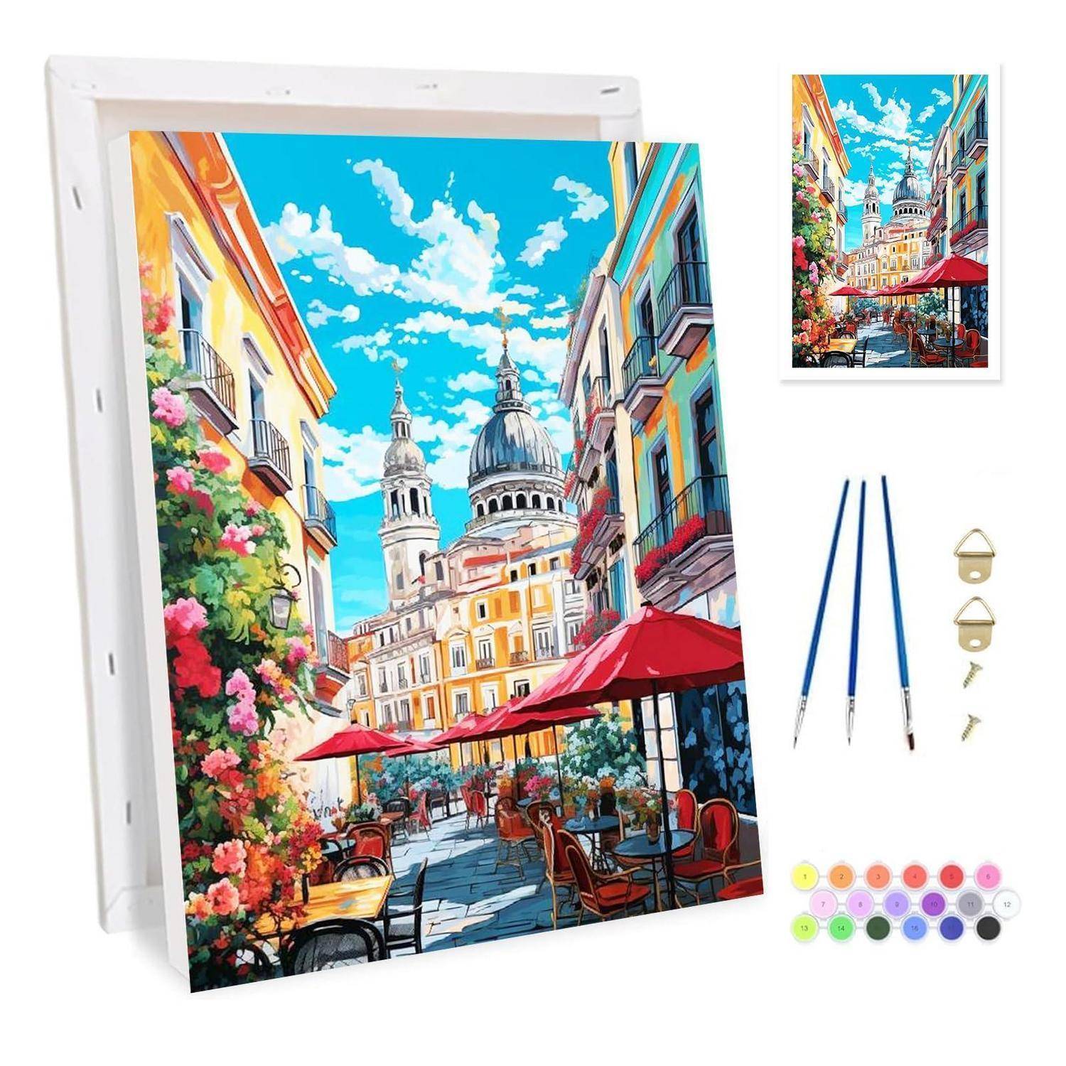 Malen-nach-Zahlen-Set mit farbenfroher europäischer Straßenszene mit Kuppel einer Kathedrale, plus Leinwand, Pinsel, Aufhängehardware und Farbtöpfe.