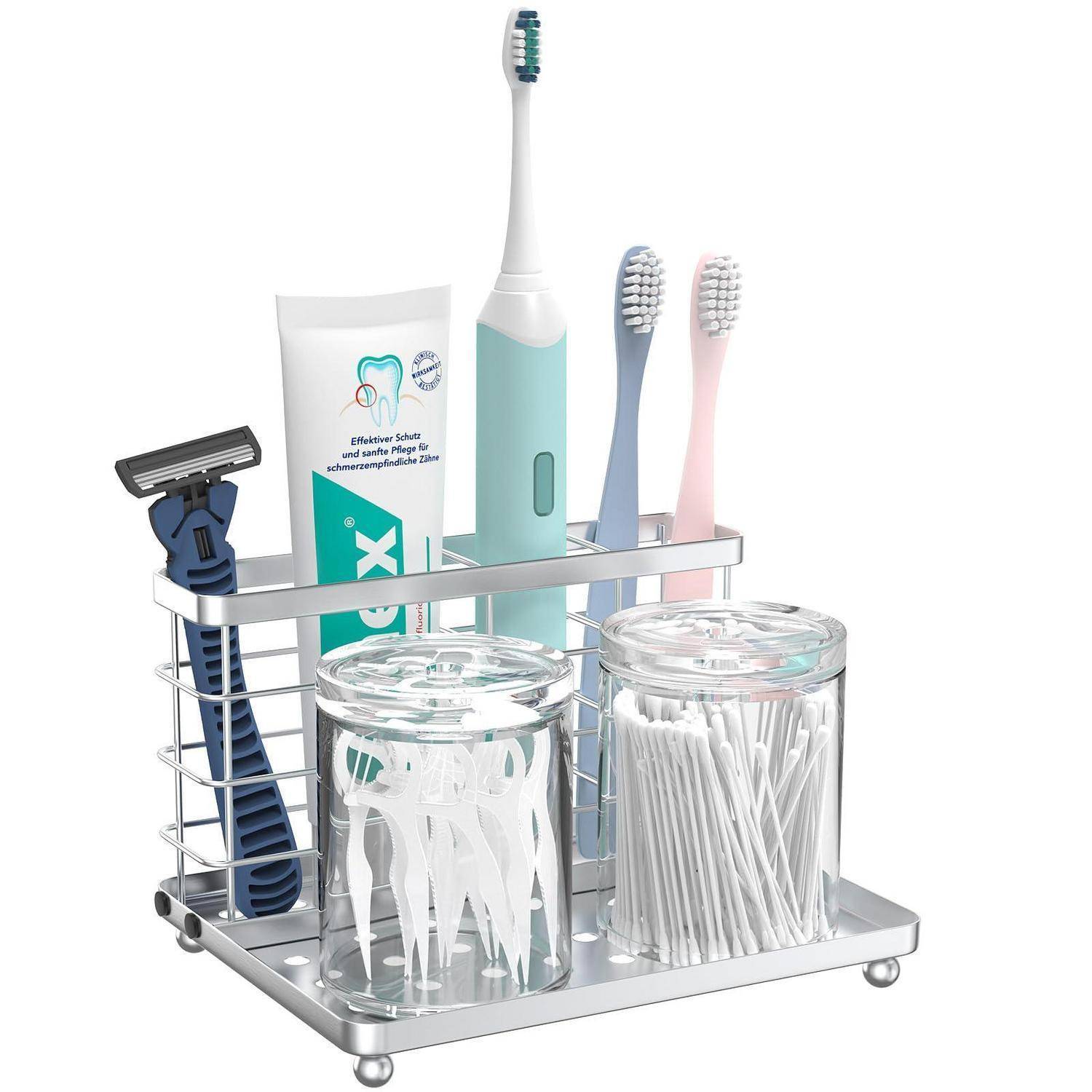 Badezimmer-Organisationstablett mit elektrischen und manuellen Zahnbürsten, Zahnpasta, Rasierer und Behältern mit Zahnseide-Picks und Wattestäbchen.