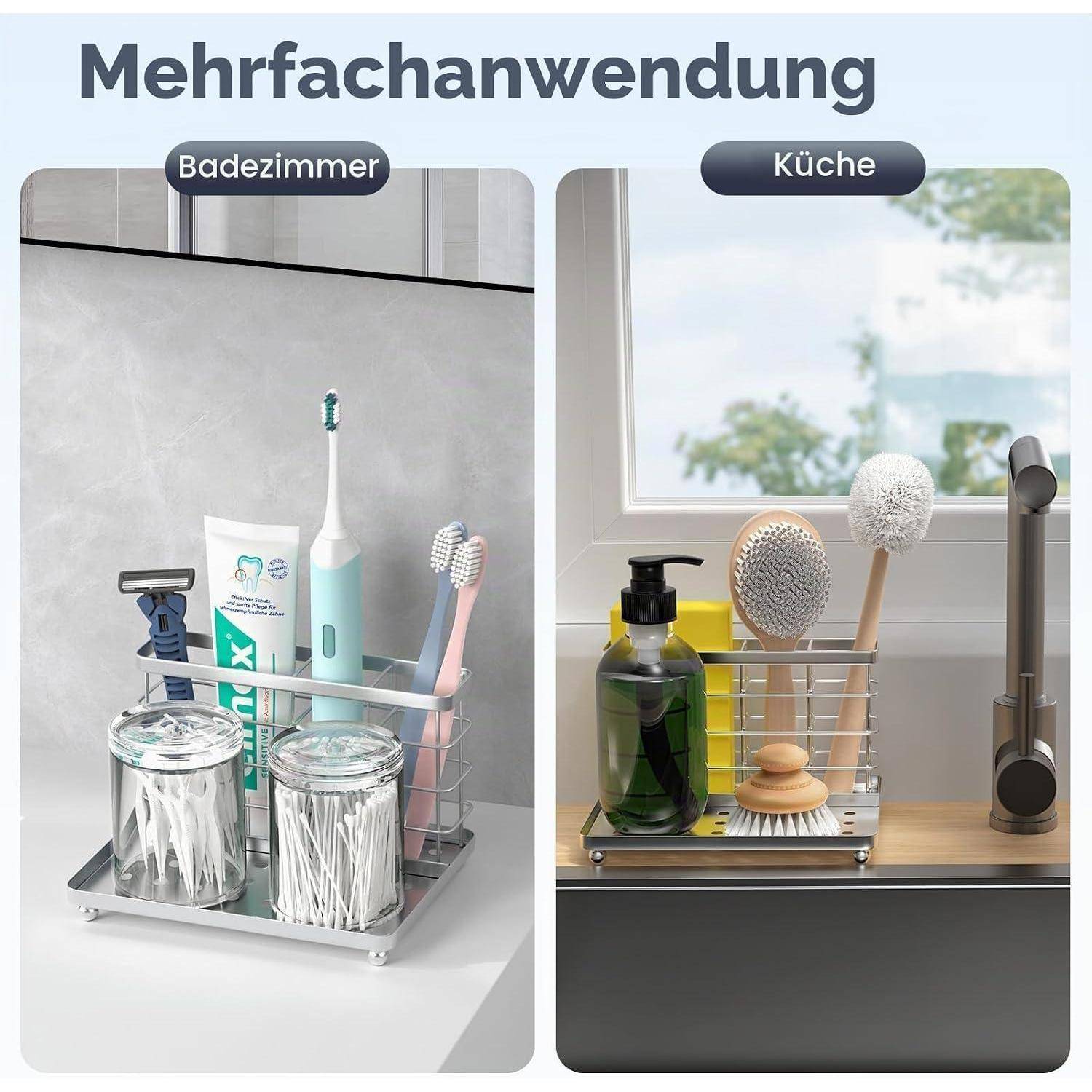 Deutsches Produktbild, das einen Multifunktions-Organizer ('Mehrfachanwendung') für Badezimmer und Küche zeigt, der im Bad Zahnbürsten und Toilettenartikel und in der Küche Spülmittel, Bürsten und Schwämme aufbewahrt.