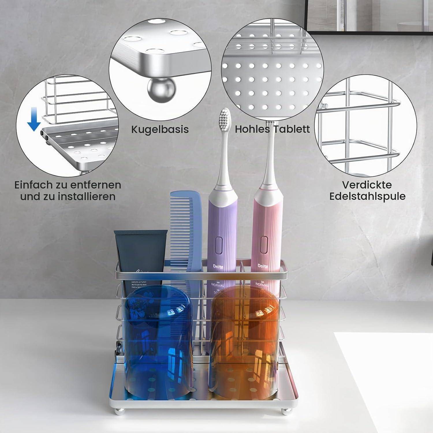 Arbeitsplattenorganizer mit zwei elektrischen Zahnbürsten, zwei Bechern und einem Kamm, mit Beschriftungen, die das abnehmbare Tablett mit Kugelgelenk, das hohle Tablett und das verstärkte Edelstahlrohr zeigen.