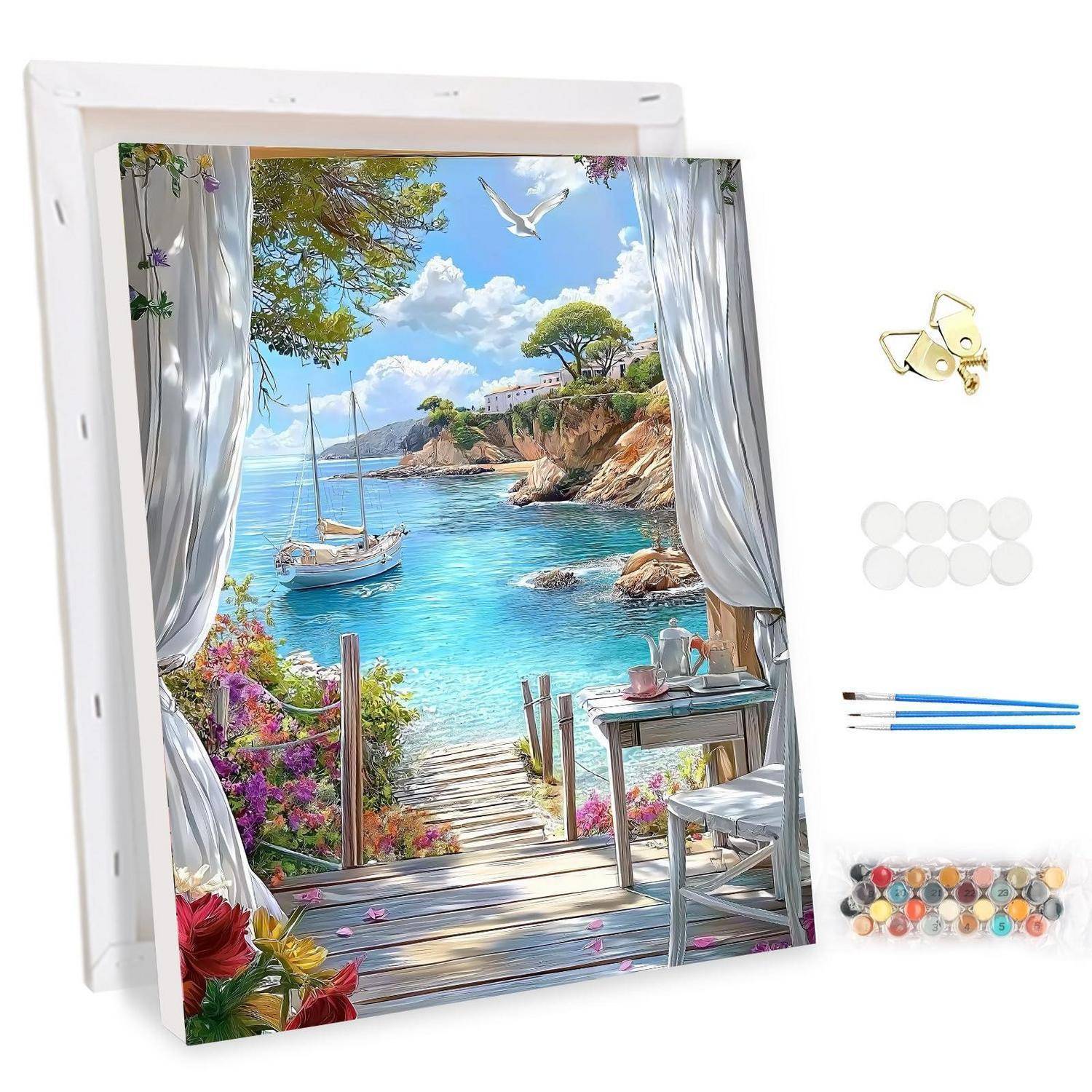 Malen-nach-Zahlen-Set mit einer Meerblickansicht durch offene Vorhänge, mit einem Segelboot, Blumen und einem Terrassentisch; Farben, Pinsel und Leinwand inbegriffen.