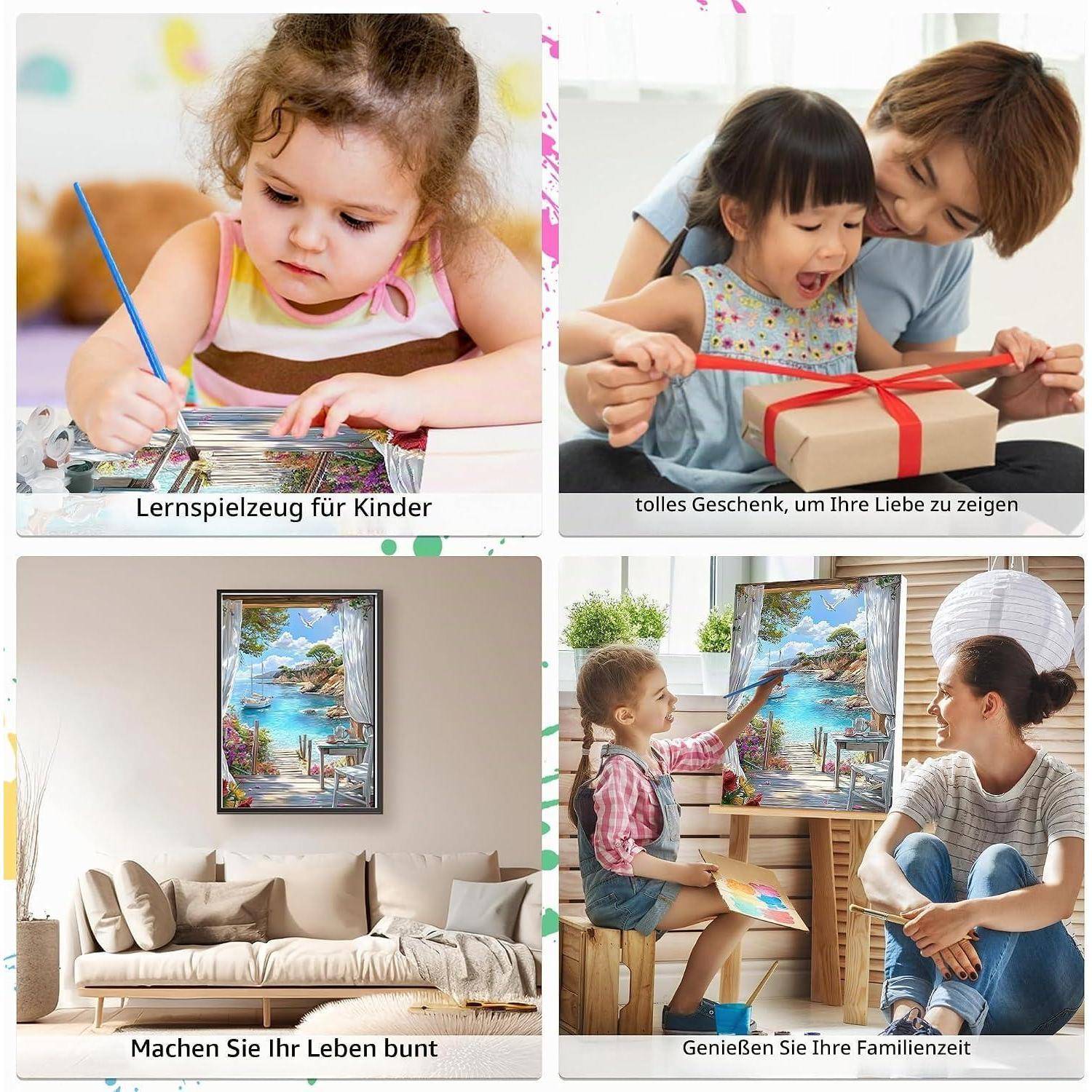 Collage aus Familie- und Heimszenen zur Bewerbung von Malsets: Kinder beim Malen, eine Mutter und ein Kind beim Auspacken eines Geschenks und ein gerahmtes Küstenbild in einem Wohnzimmer.