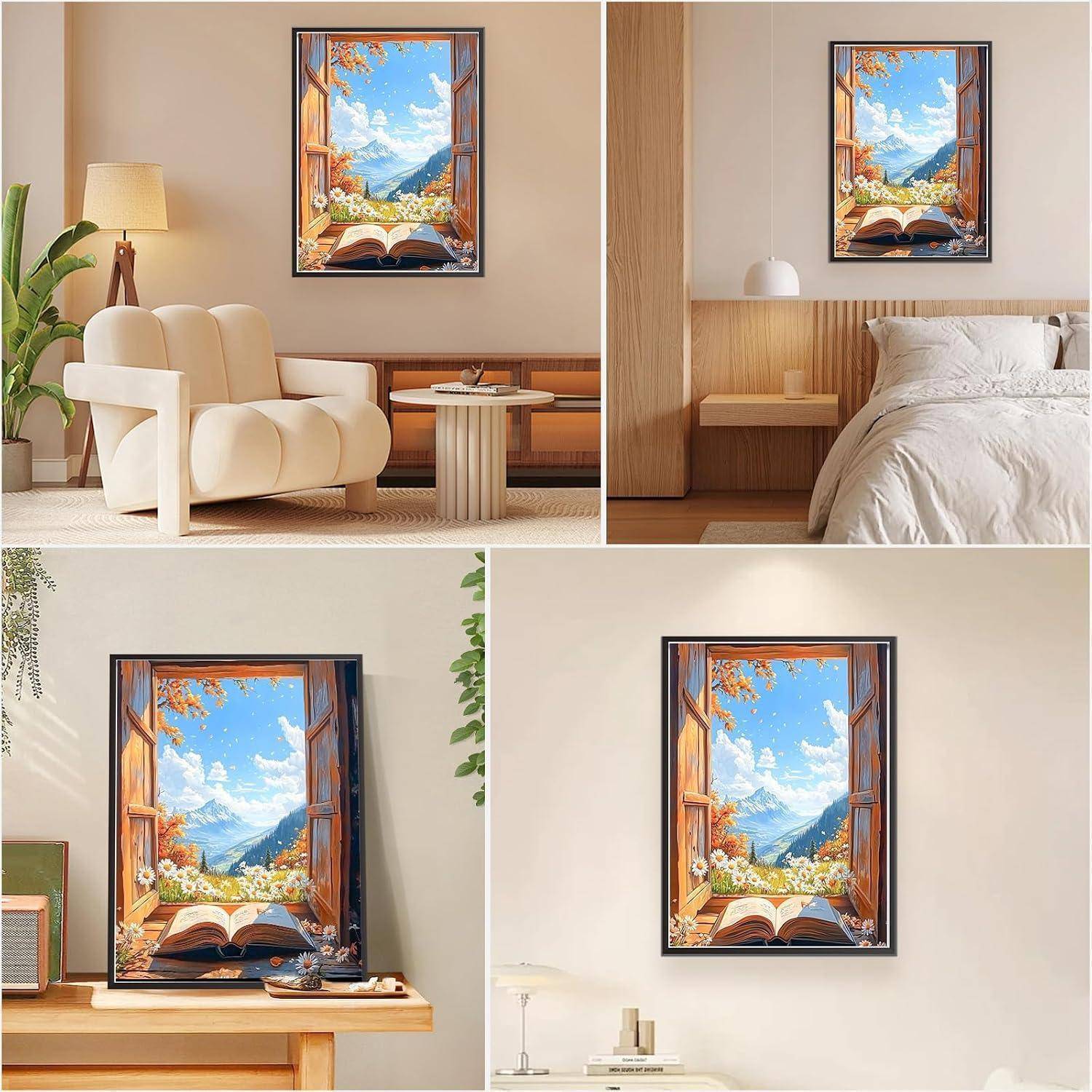 Ein gerahmtes Kunstwerk eines aufgeschlagenen Buches auf einer Fensterbank, das eine sonnige Berglandschaft zeigt, angezeigt in vier verschiedenen Raumeinstellungen.