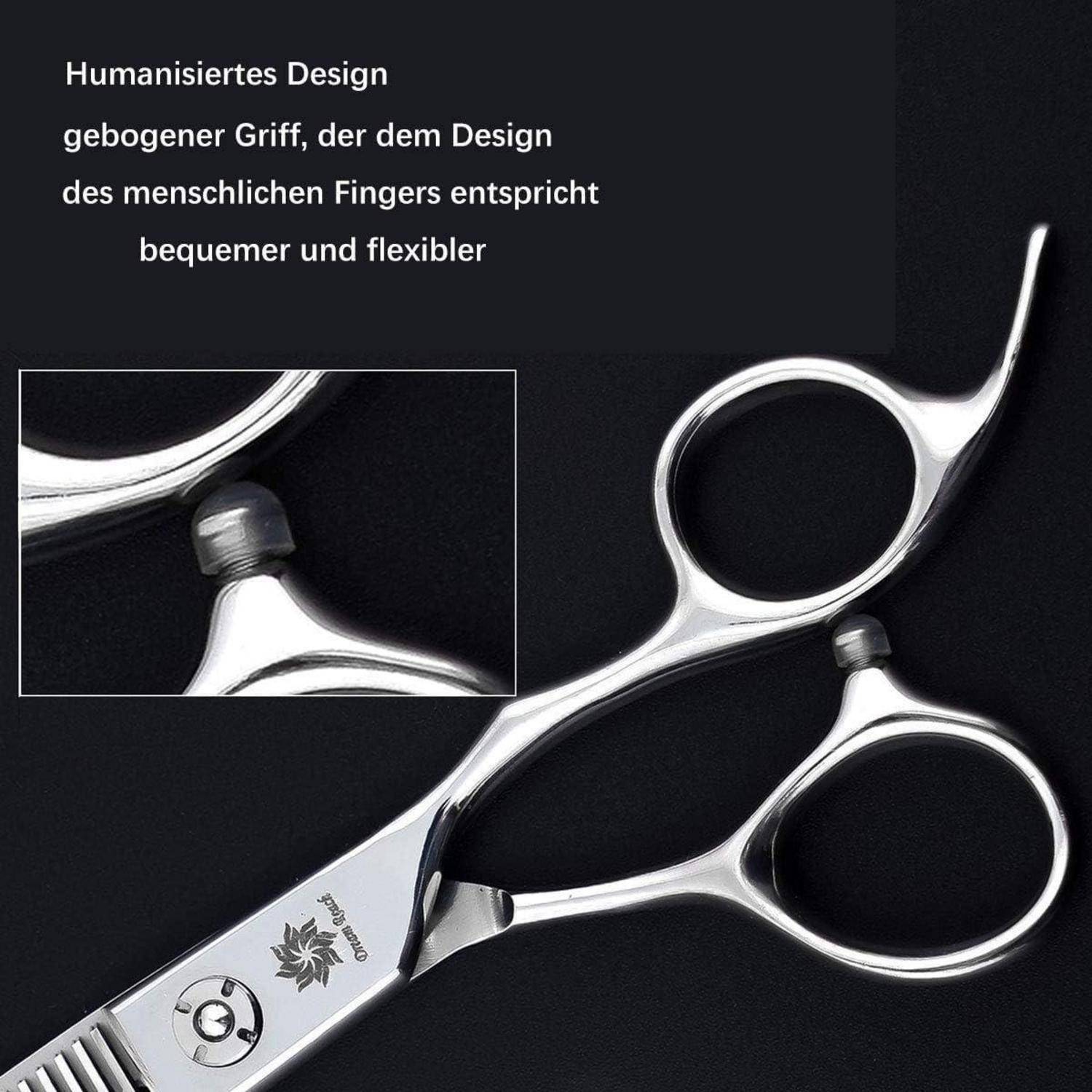 Nahaufnahme von ergonomischen silbernen Haarschneidescheren auf schwarzem Hintergrund, mit deutschem Text, der einen gekrümmten Griff hervorzuheben soll, um bequemere und flexiblere Verwendung zu ermöglichen.