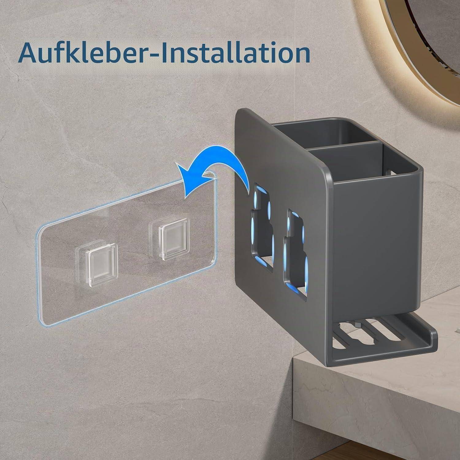 Illustration der Klebstoffinstallation für eine wandmontierte Halterung, die zeigt, wie eine transparente Klebeplatte mit einer grauen rechteckigen Halterung an einer Badezimmerwand ausgerichtet wird.