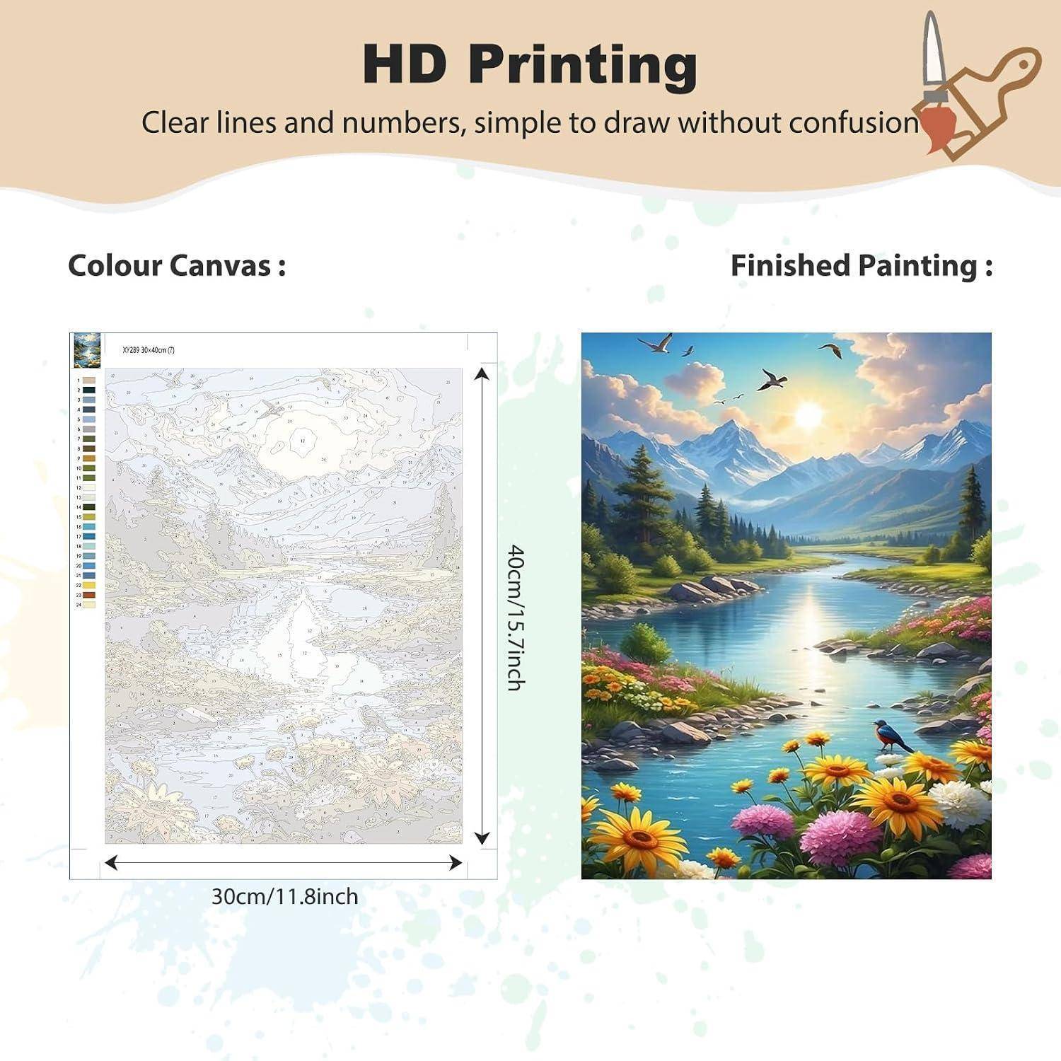 Werbegrafix für 'HD Printing' Malen-nach-Zahlen-Set, das auf der linken Seite eine nummerierte Leinwand und auf der rechten Seite ein fertiges Landschaftsgemälde zeigt, mit der Größe 30 cm x 40 cm.
