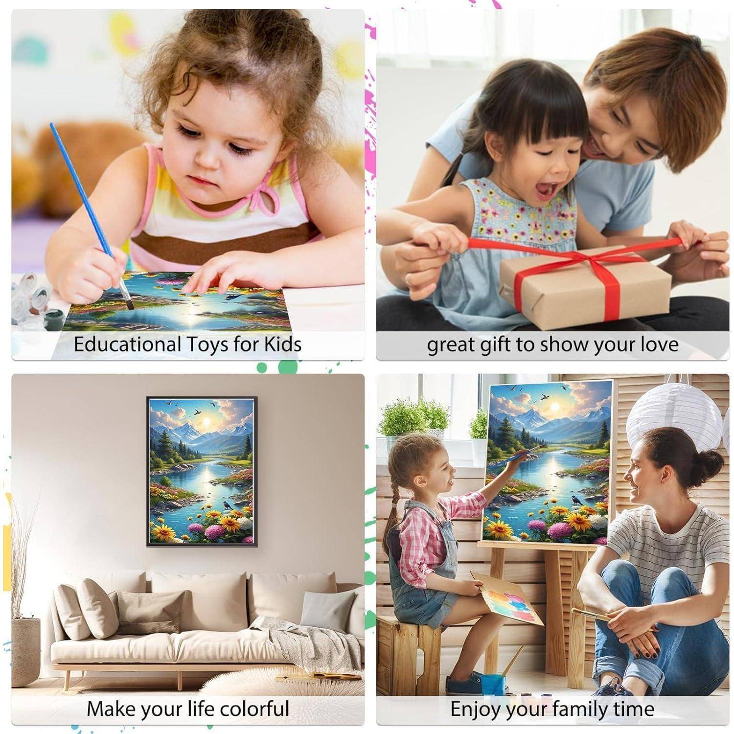 Vier-Panel-Collage: Kind nutzt Kunstmaterialien, Eltern und Kind öffnen ein Geschenk, buntes Landschaftswandkunstwerk in einem Wohnzimmer und Familie malt zusammen.