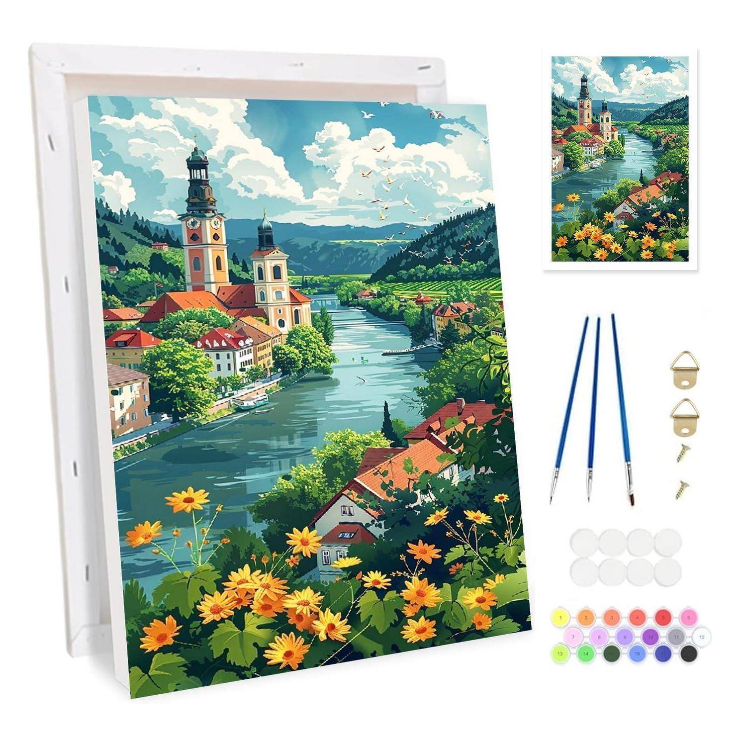 Malen-nach-Zahlen-Set mit einer Flussstadt-Landschaft auf Leinwand, mit Pinseln, Farbdosen, Aufhängehaken und beigefügtem Referenzbild.