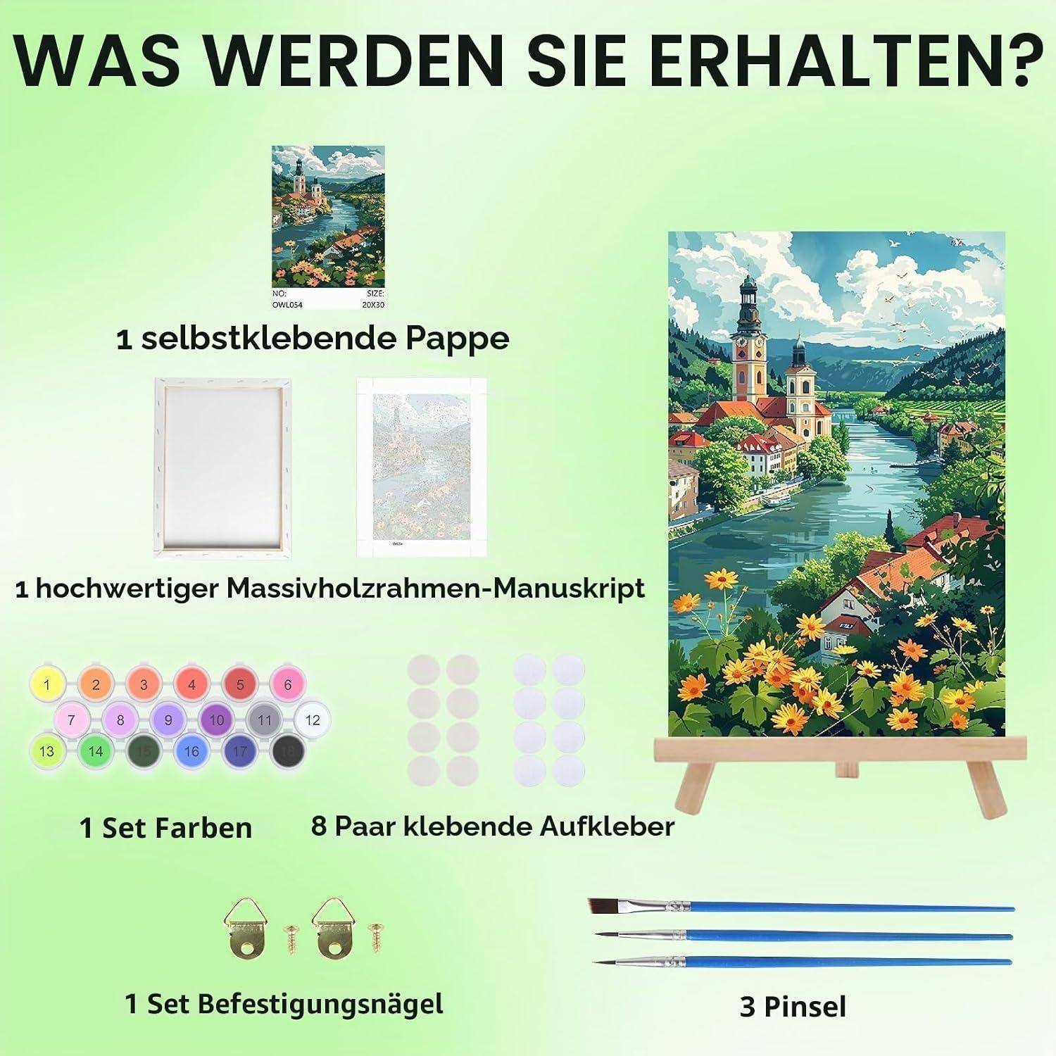 Inhalt des Malen-nach-Zahlen-Sets: eine selbstklebende Leinwand, ein Holzrahmen aus Vollholz, ein Farbset, 8 Paar Aufkleber, ein Set Befestigungsnägel und 3 Pinsel.