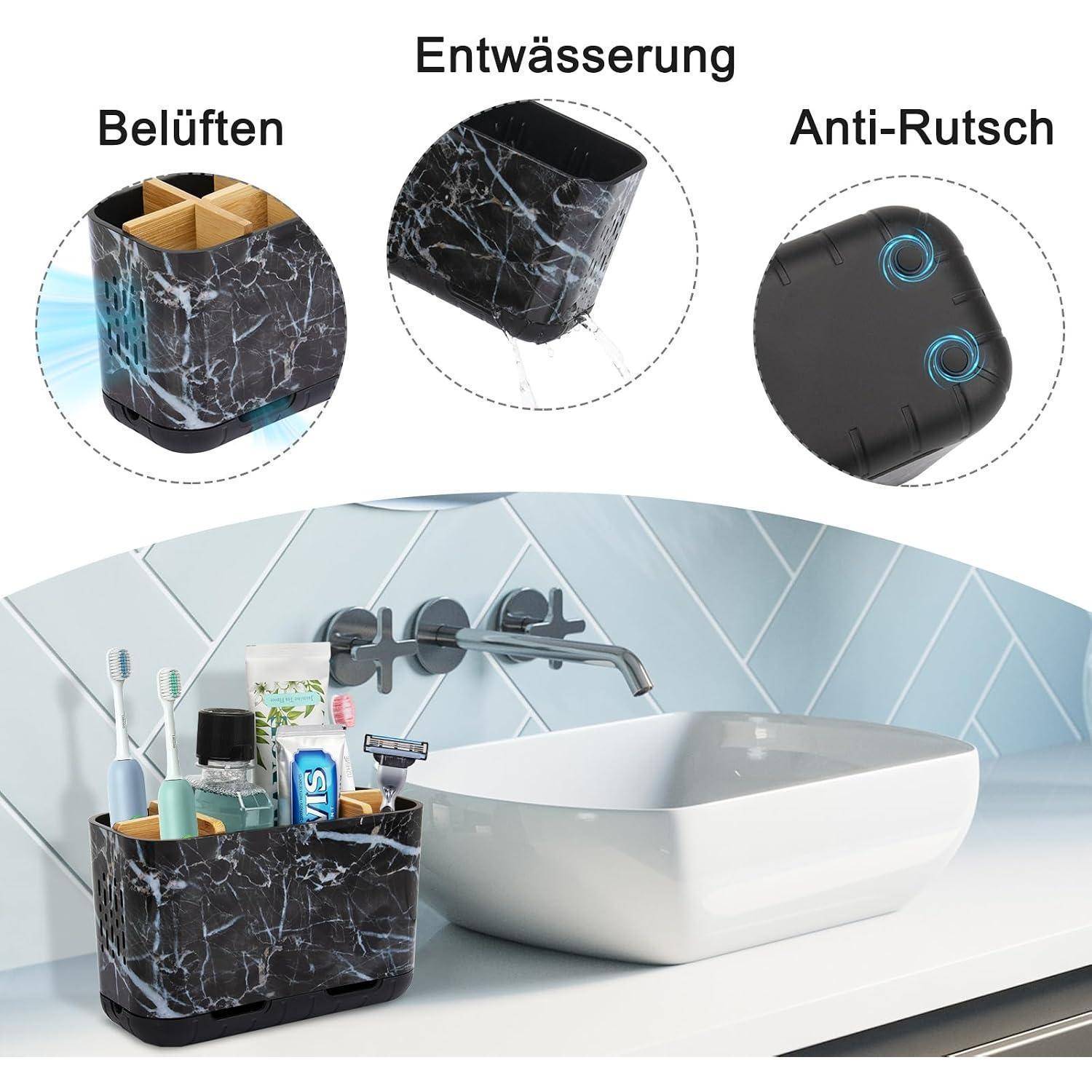 Badorganizer mit Marmormuster und gekennzeichneten Funktionen: Belüftung, Entwässerung und rutschfest; abgebildet neben einem Waschbecken mit Toilettenartikeln.