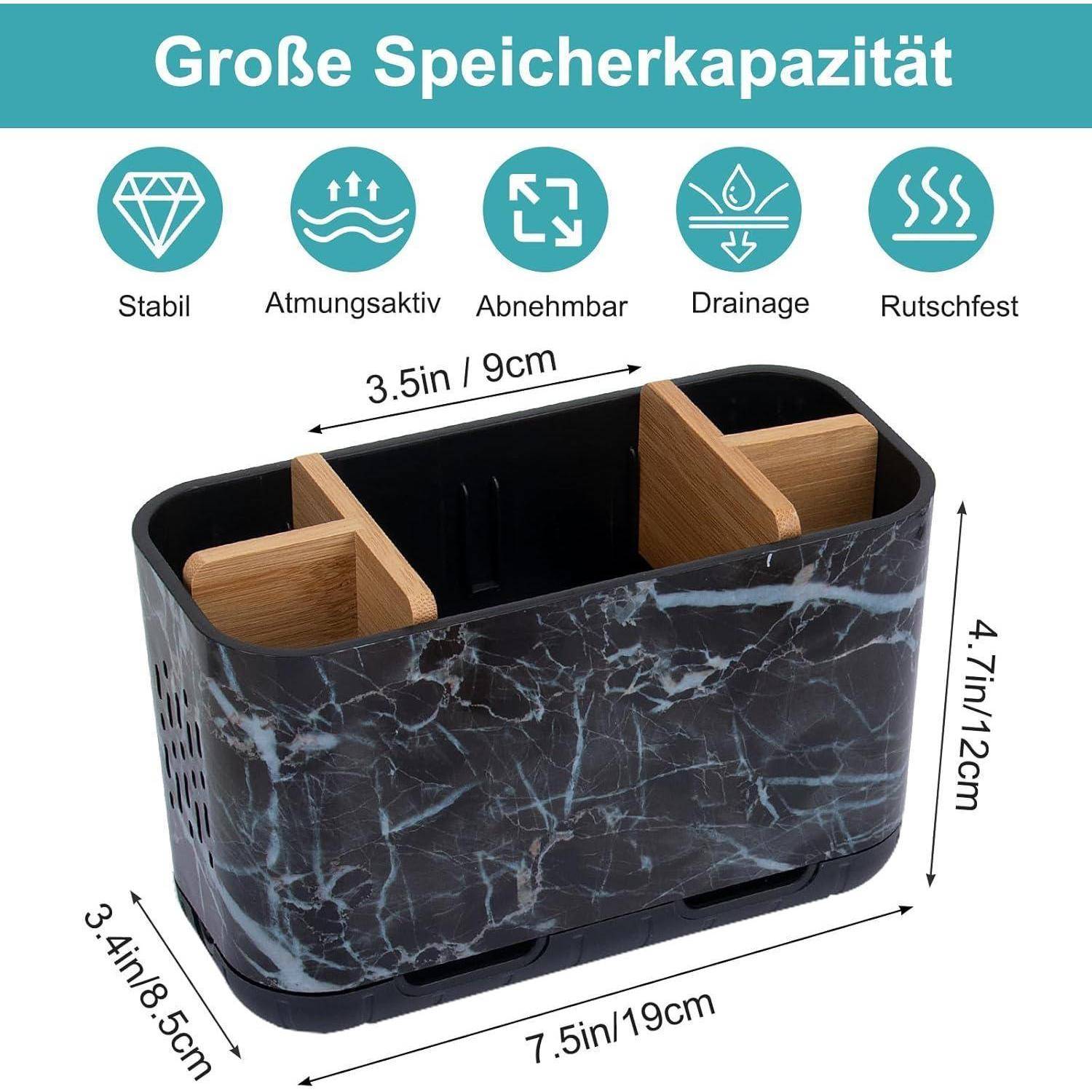 Abbildung eines rechteckigen Aufbewahrungskorbs mit hölzernen Trennwänden, beschriftet mit „Große Speicherkapazität