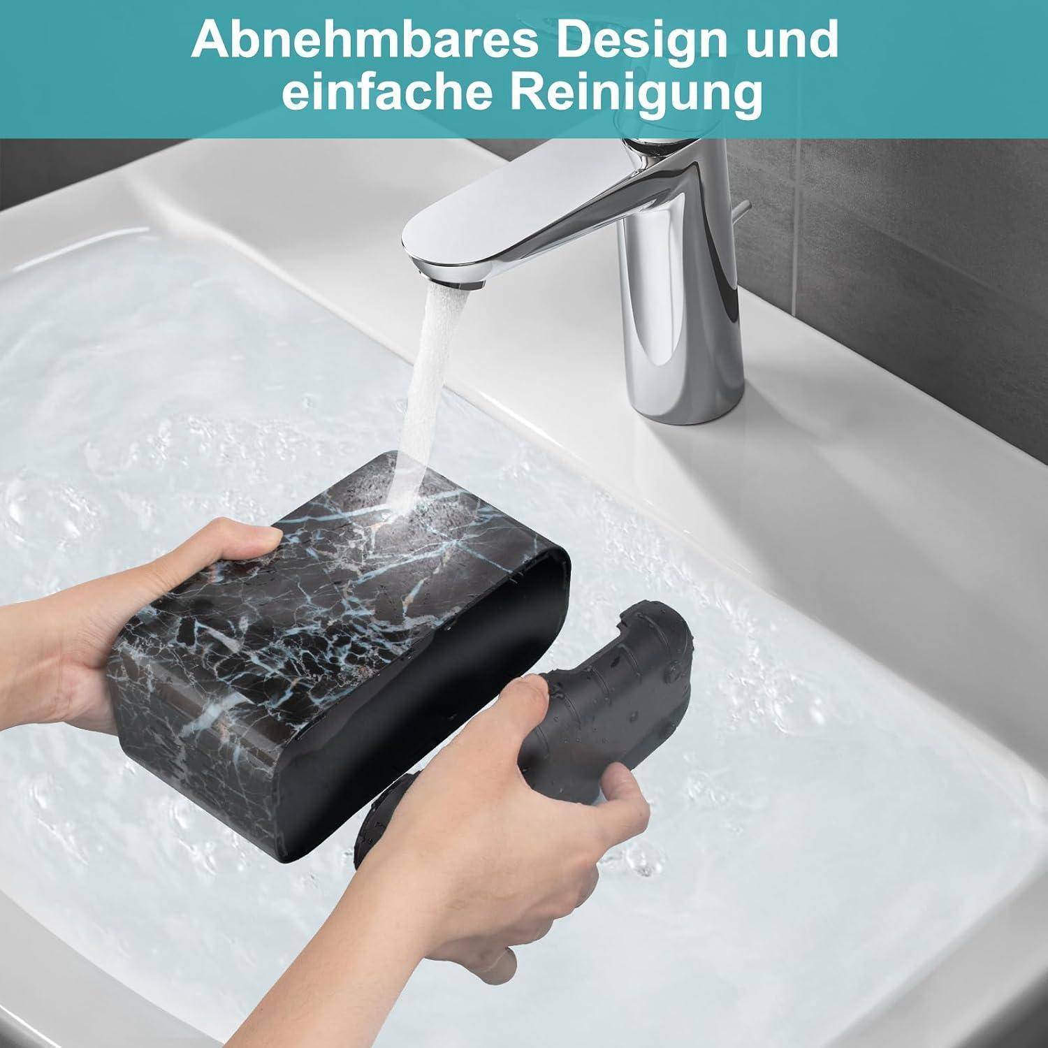 Hände waschen einen abnehmbaren schwarzen Seifenspender unter fließendem Wasser in einem Waschbecken; deutscher Text sagt „Abnehmbares Design und einfache Reinigung