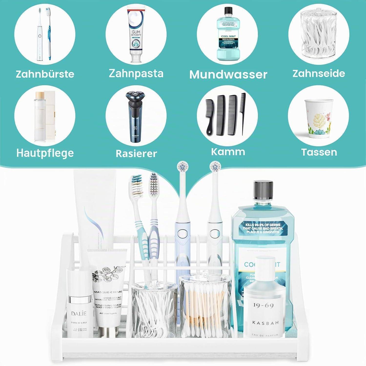 Badezimmer-Organizer-Tablett mit Zahnbürsten, Zahnpasta, Mundwasser, Rasierapparaten, Kämmen, Bechern und Hautpflegeprodukten, mit deutschen Etiketten für jede Kategorie.