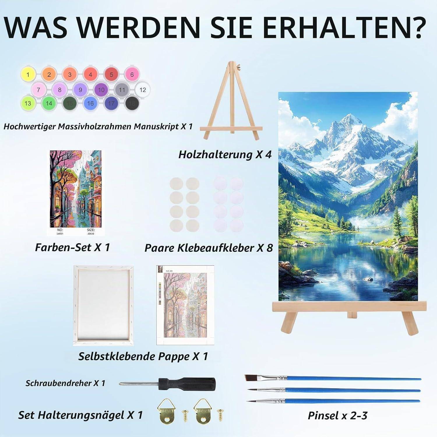 Kunstzubehör und Materialien mit deutschen Bezeichnungen: Leinwand, Holzstaffelei, Farbset, Klebepads, Rückwand, Schraubendreher, Montagenägel und 2-3 Pinsel.
