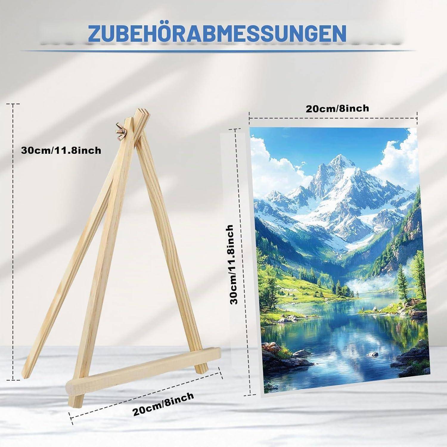 Produktgrößen-Diagramm, das eine 30 cm hohe und 20 cm breite Holz-Tischstaffelei zeigt, auf der ein Beispielkunstwerk von 20 x 30 cm präsentiert wird.