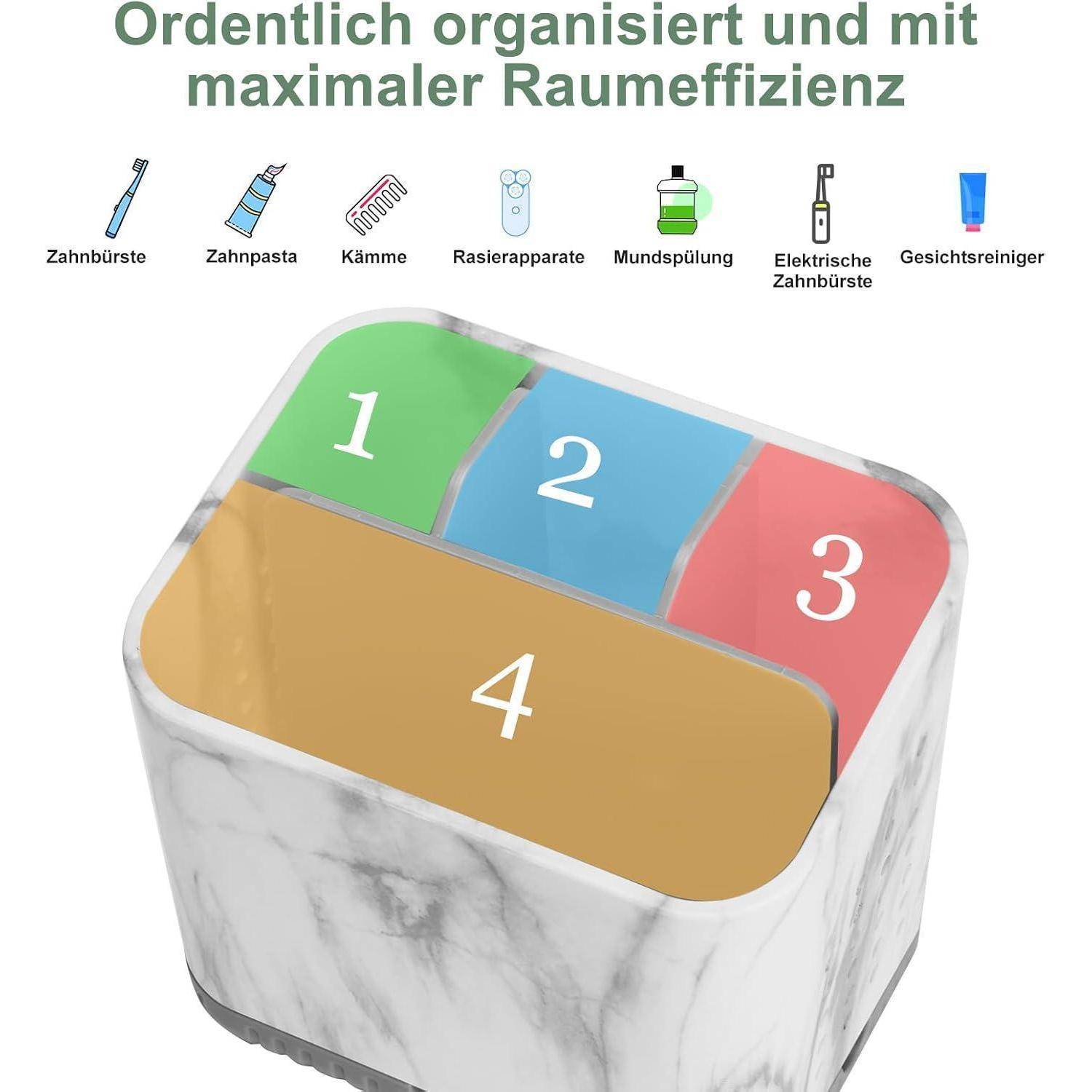 Badezimmerorganizer mit Marmoroptik mit vier nummerierten Fächern für Toilettenartikel, gezeigt mit Symbolen für Zahnbürste, Zahnpasta, Kamm, Rasierer, Mundwasser, elektrische Zahnbürste und Gesichtstücher.