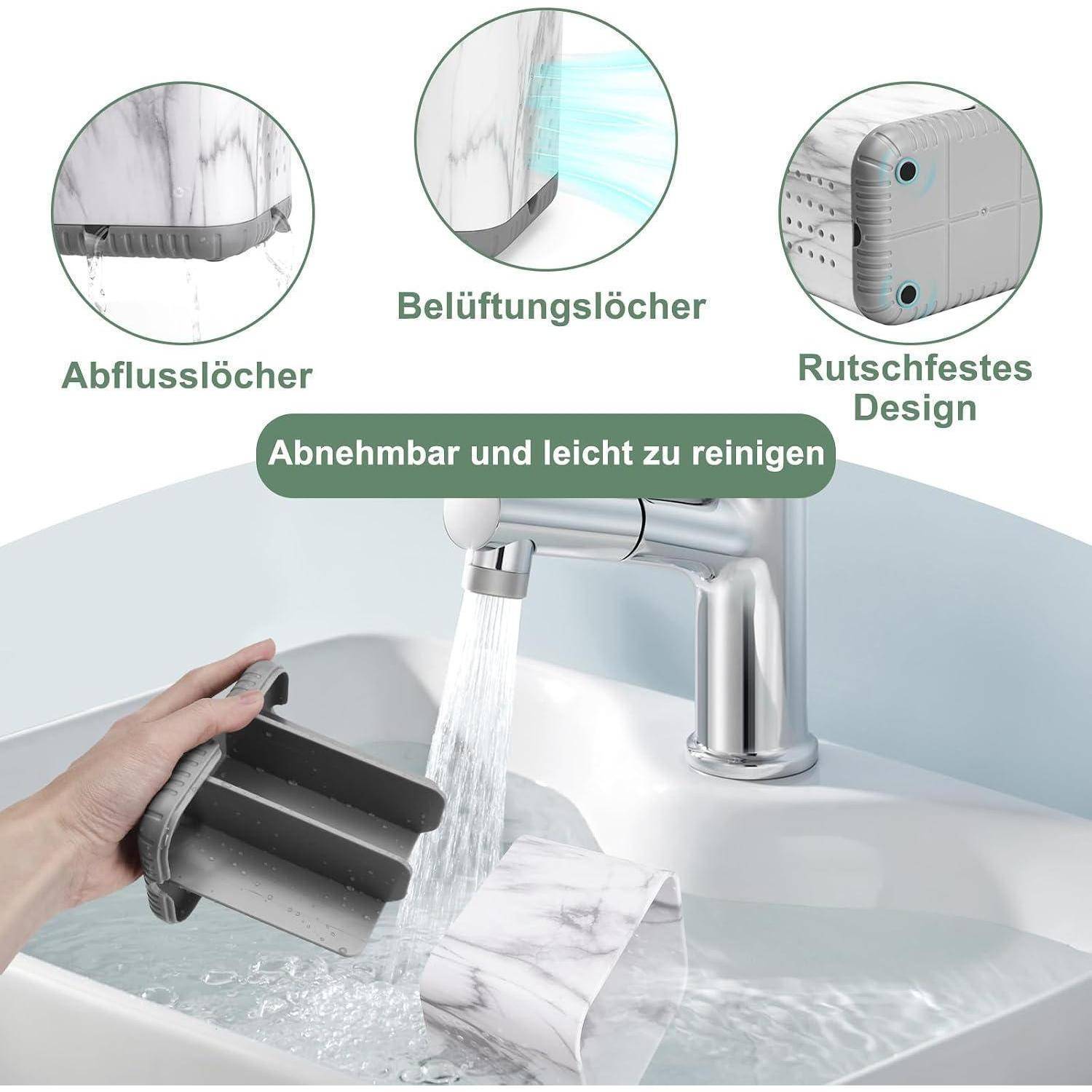 Zusammenklappbares Spülbecken unter dem Wasserhahn, das gereinigt wird; beschriftete Merkmale zeigen Ablöcher, Belüftungslöcher und rutschfeste Konstruktion.