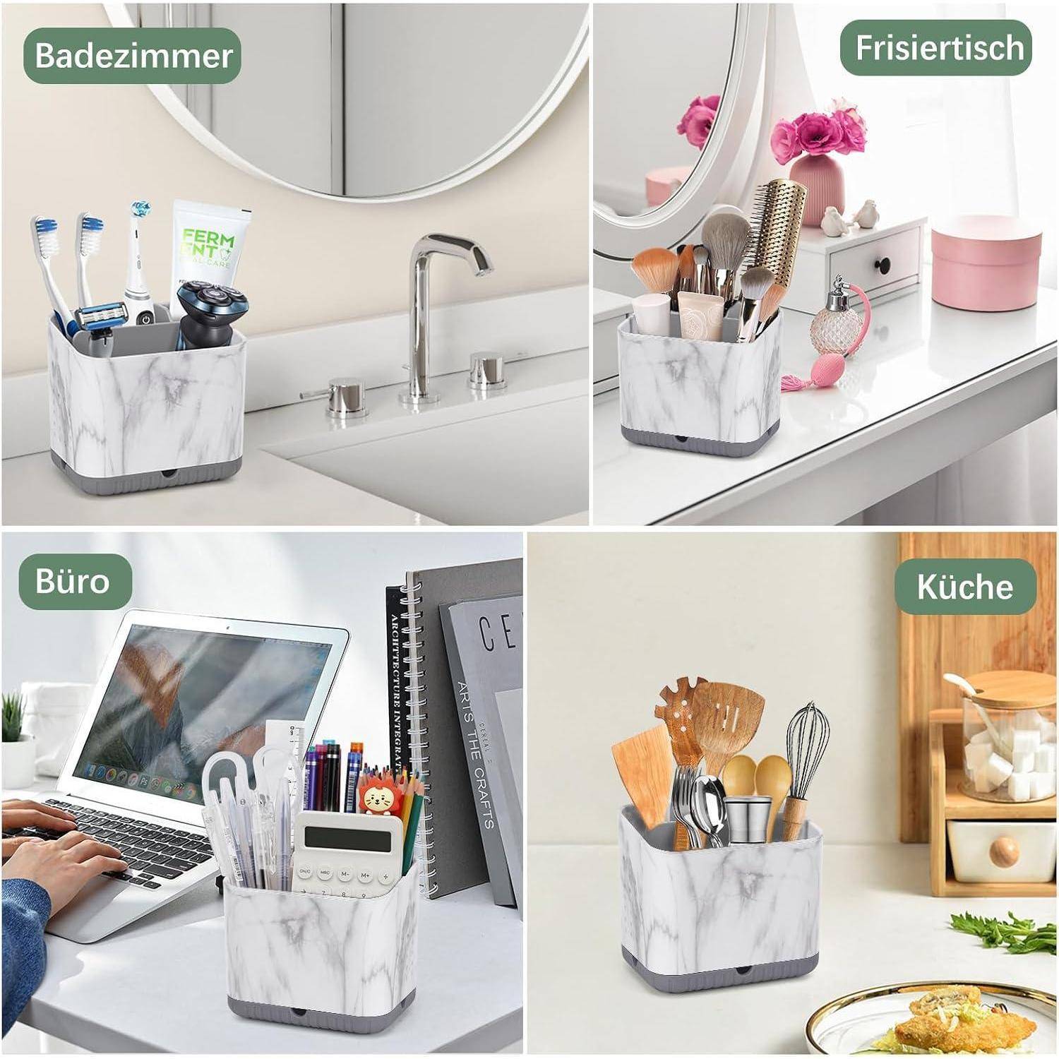 Collage eines Marmormuster-Organizers mit Toilettenartikeln, Make-up, Bürobedarf und Küchenutensilien, beschriftet für die Verwendung im Badezimmer, am Frisiertisch, im Büro und in der Küche.