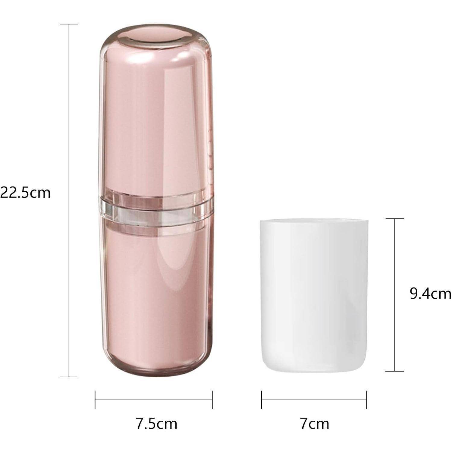Produktgrößenvergleich mit einem rosa zylindrischen Behälter, der 22,5 cm hoch und 7,5 cm breit ist, sowie einer separaten weißen Kappe, die 9,4 cm hoch und 7 cm breit ist.