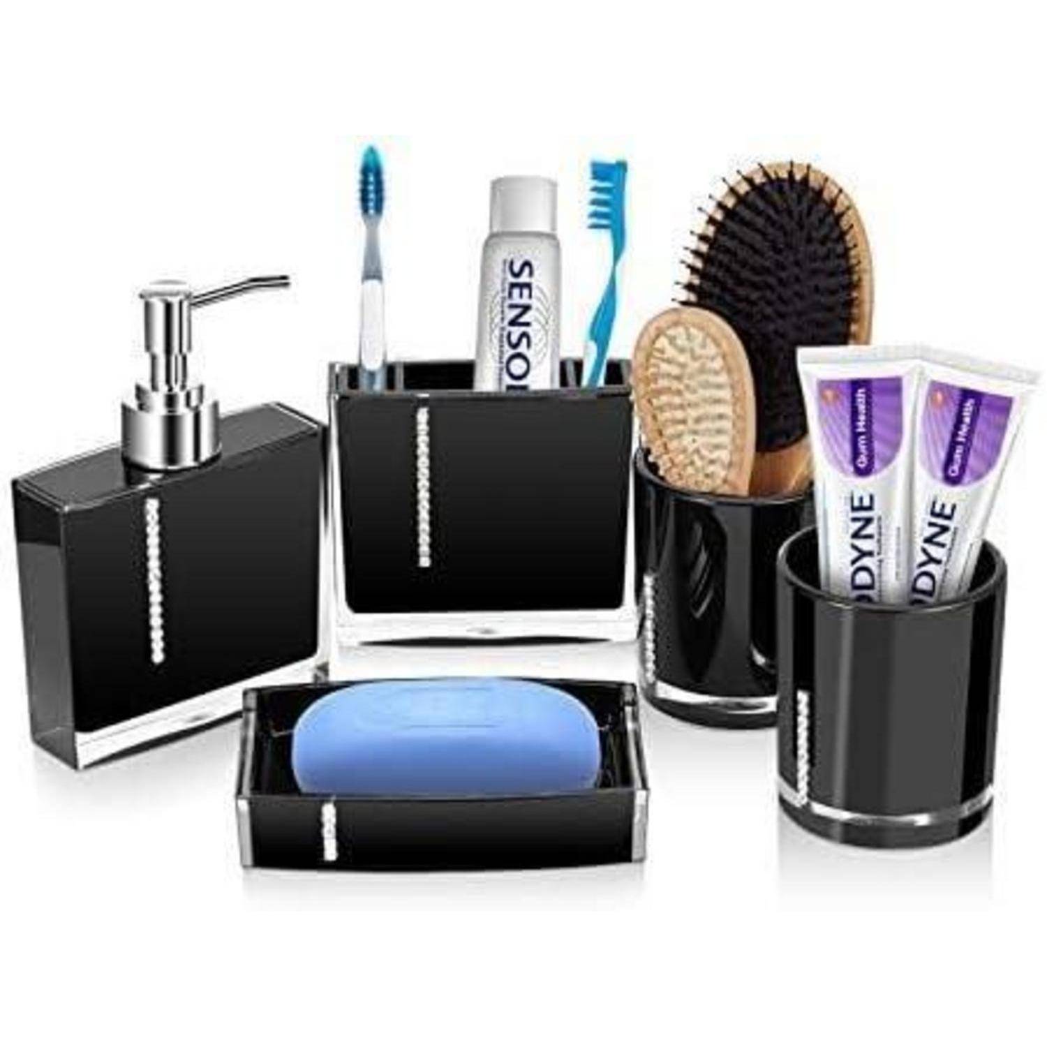 Schwarzes Badezimmer-Organisationsset mit Seifenspender, Zahnbürstenhalter, Bürstenbecher, Seifenschale und Zahnputzbecher für die Aufbewahrung von Zahnpasta und Haarbürsten.