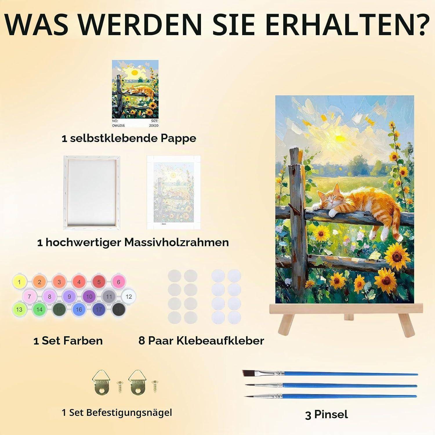 Inhaltsverzeichnis eines Malbuch-nach-Zahlen-Sets: eine selbstklebende Tafel, einen massiven Holzrahmen, einen Farbensatz, 8 Paare Klebeetiketten, einen Satz Befestigungsnägel und 3 Pinsel, dargestellt mit einem fertigen Katzenbild auf einer Staffelei.