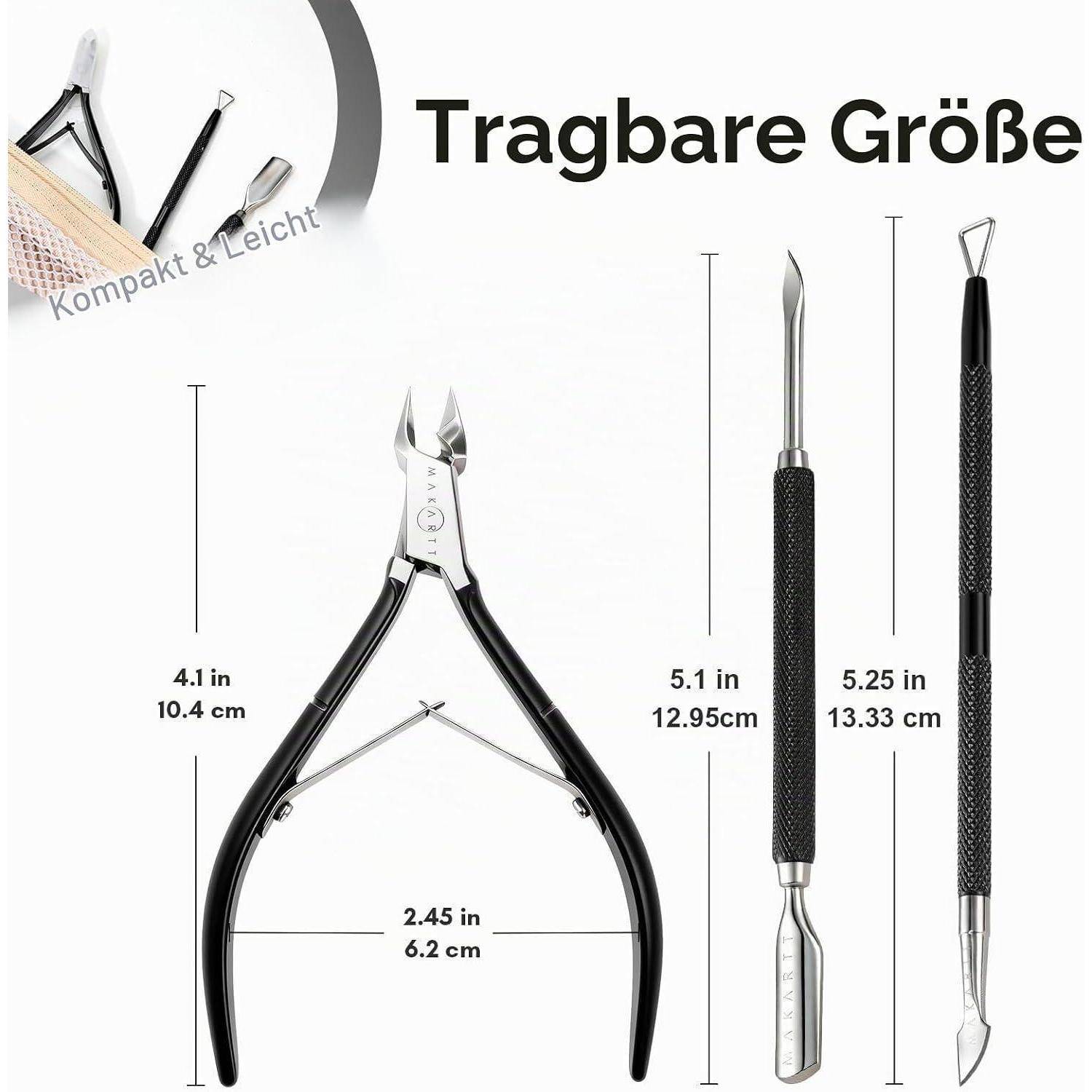 Produktgrößengrafik mit kompakten Maniküre-Werkzeugen und Abmessungen: Nagelzange 4,1 Zoll hoch, 2,45 Zoll breit; Werkzeuge 5,1 Zoll und 5,25 Zoll lang.