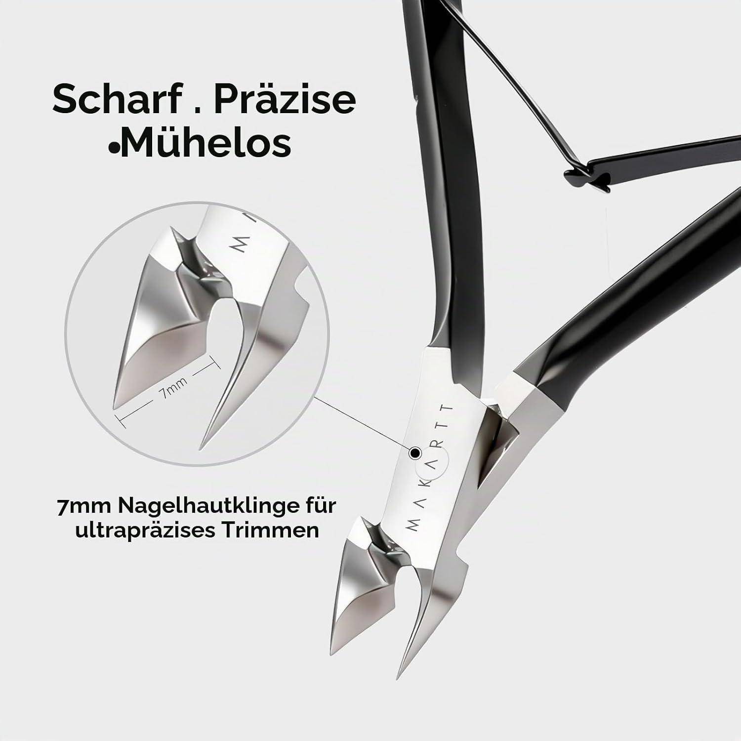 Nahaufnahme von schwarzen Nagelzangen mit einer 7-mm-Präzisions-Schnittklinge, beschriftet mit „Scharf. Präzise • Mühelos