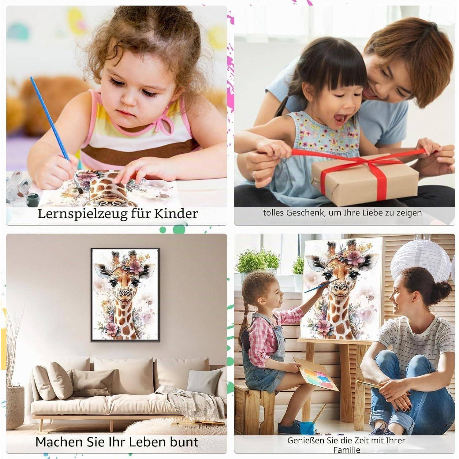 Vierteiliges Fotocollage: ein Kind malt, eine Mutter und ein Kind mit einer Geschenkbox, ein Giraffenwanddrucke im Wohnzimmer, und eine Familie malt zusammen mit deutschem Promotionstext.