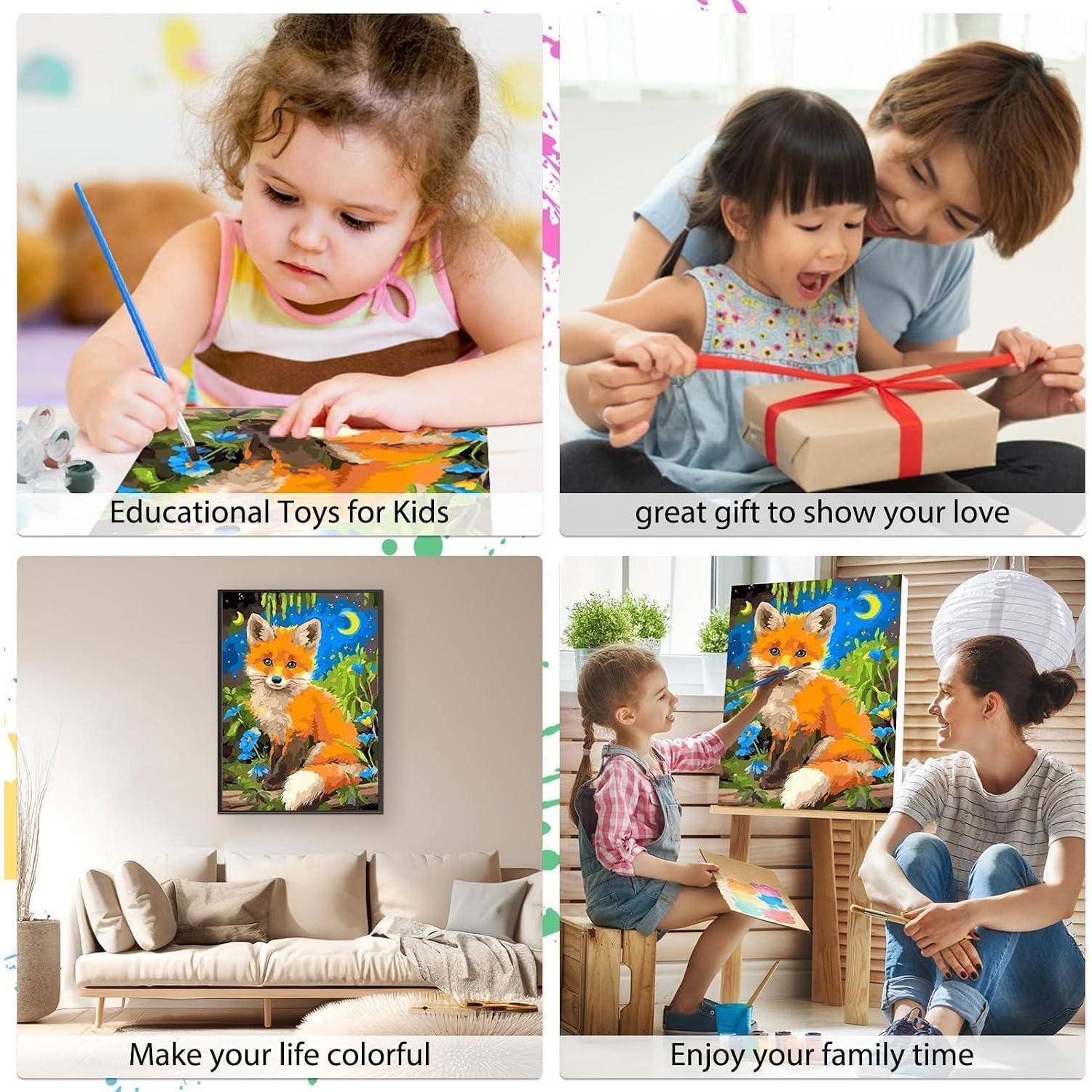 Collage aus Kindern, die malen und ein Geschenk auspacken, plus eine Familie, die ein buntes Fuchsbild bewundert; Bildunterschriften fördern Lernspielzeug und gemeinsame Familienzeit.