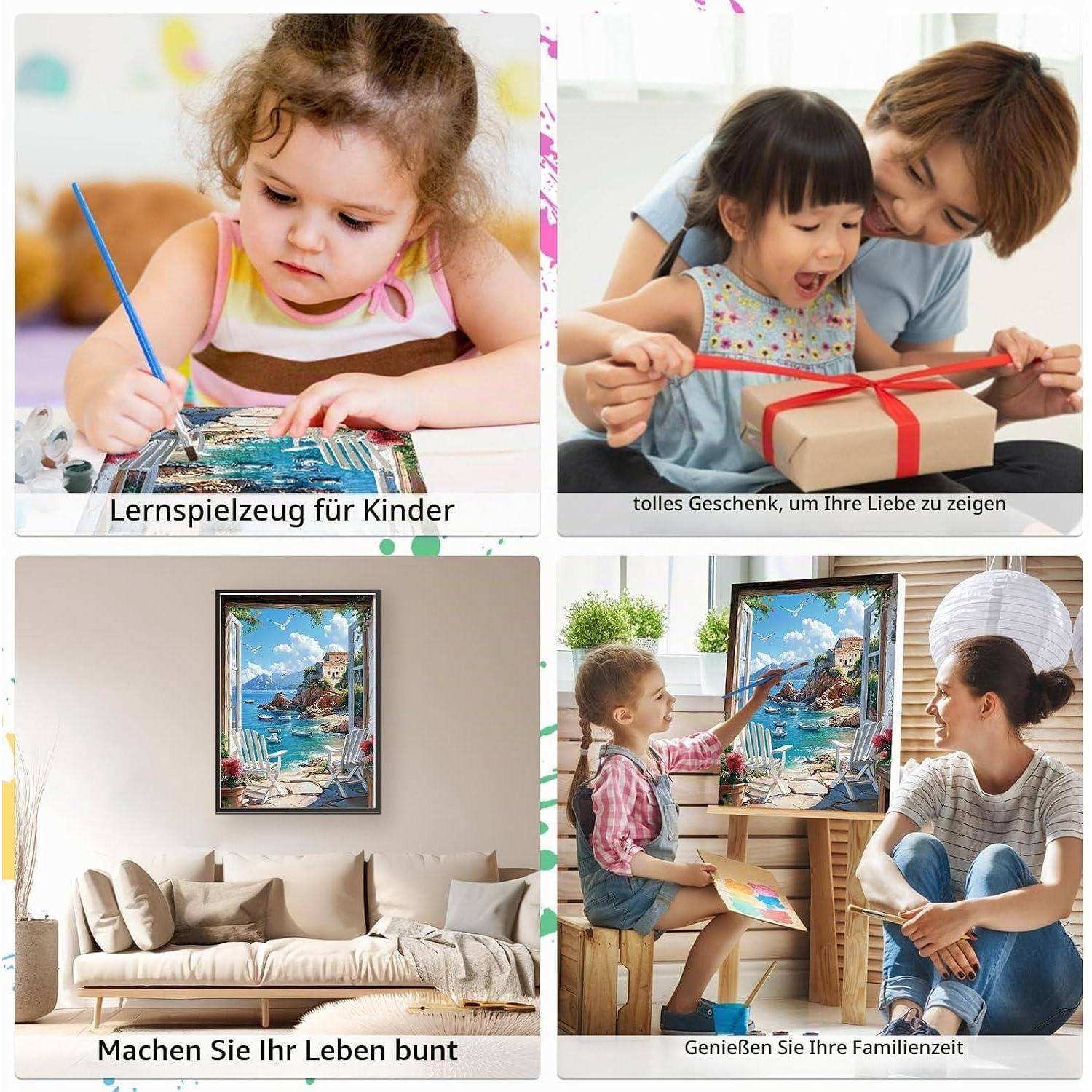 Vier-teilige Collage, die ein Kind beim Malen zeigt, einen Elternteil und ein Kind beim Auspacken eines Geschenks, ein Wohnzimmer mit gerahmter Strandkunst und eine Mutter und ein Kind beim gemeinsamen Malen.