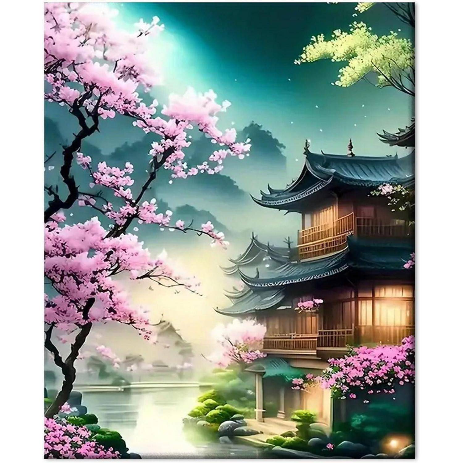 Illustration einer traditionellen ostasiatischen Pagode an einem ruhigen See, umrahmt von blühenden rosa Kirschblüten bei Sonnenaufgang.