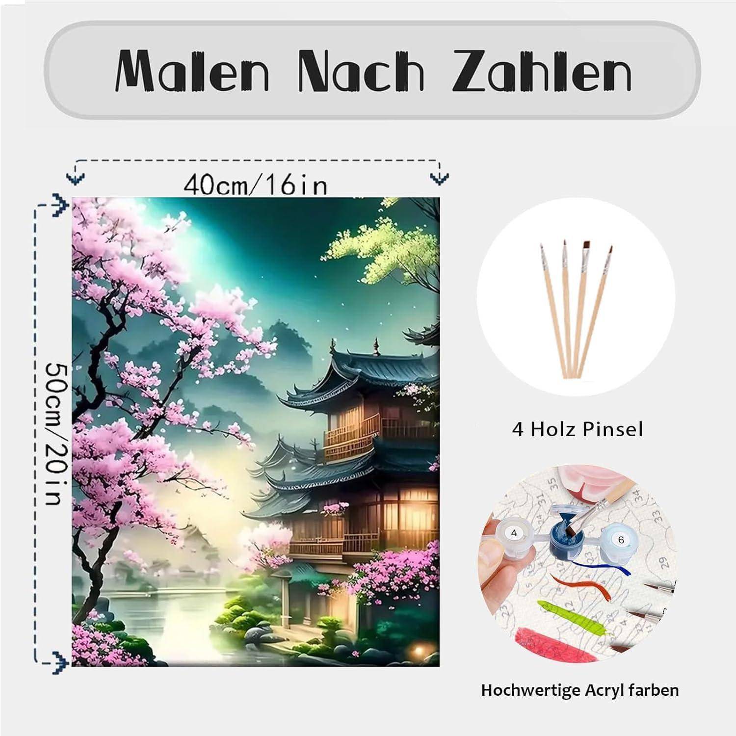 Malen-nach-Zahlen-Set mit chinesischer Landschaftsmotiv, 40 cm/16 Zoll x 50 cm/20 Zoll, enthält 4 Holzpinsel und hochwertige Acrylfarben.