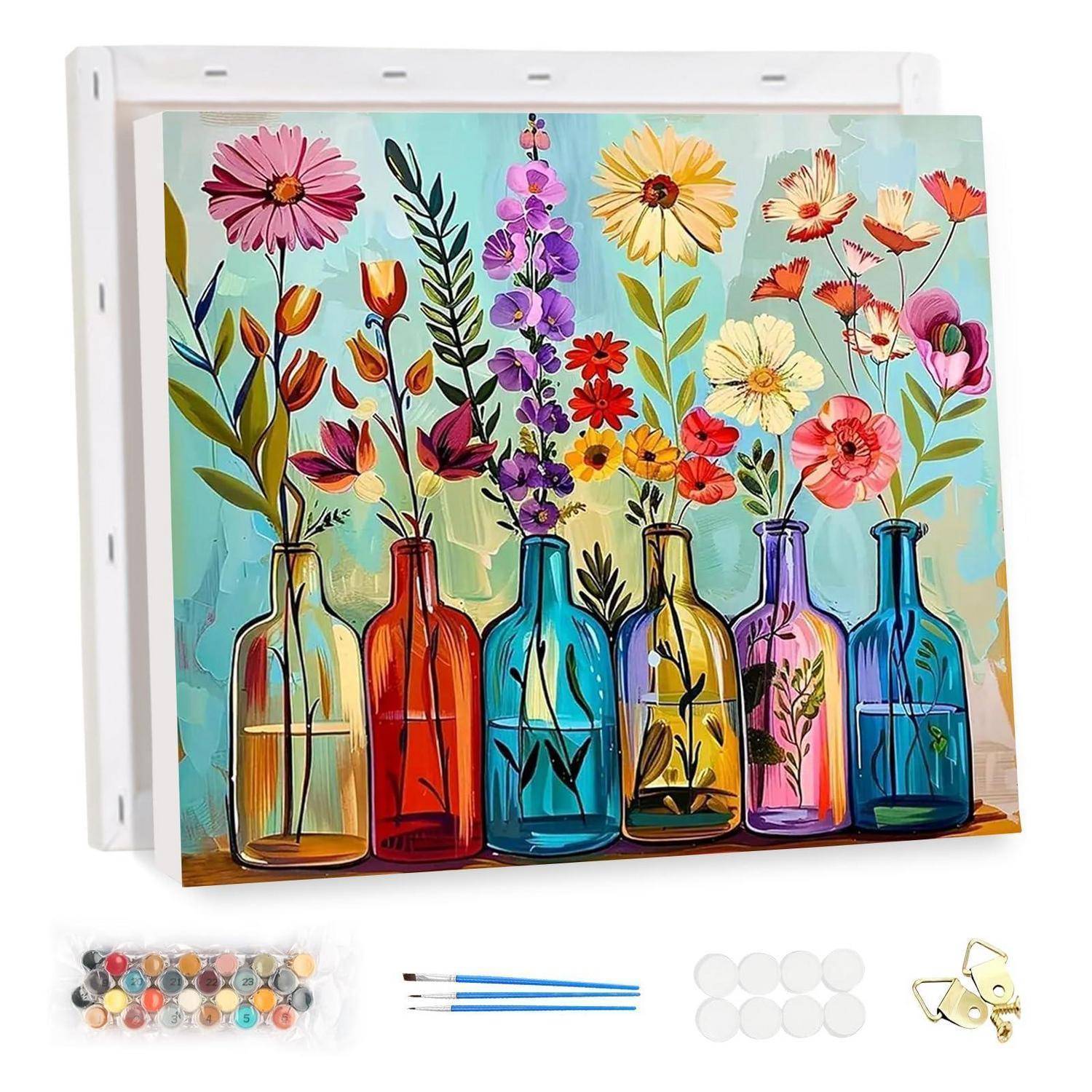 DIY Malen-nach-Zahlen-Stil Leinwand mit farbenfrohen Blumen in Glasflaschen, gezeigt mit Farbdosen, Pinseln, leeren Punkt-Aufklebern und Aufhängehardware.