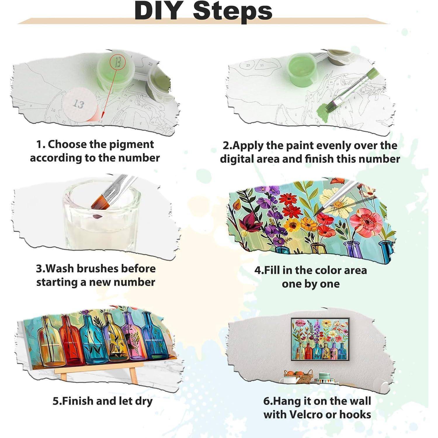 DIY-Schritte für Malen nach Zahlen: Wählen Sie die passende Pigmentfarbe, tragen Sie die Farbe gleichmäßig auf, waschen Sie die Pinsel, füllen Sie die Farbflächen aus, lassen Sie trocknen, hängen Sie dann das fertige Bild an die Wand.