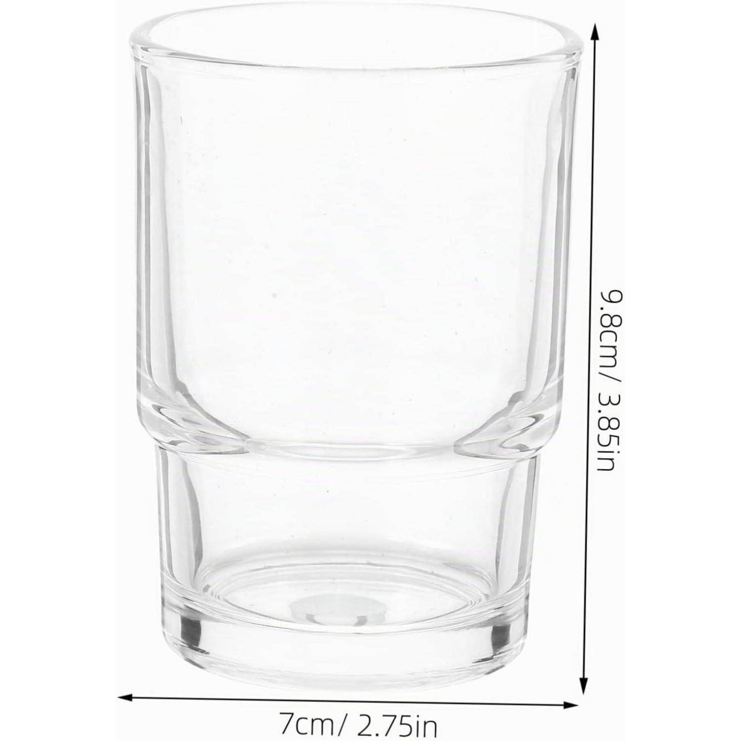 Klares Glastumbler auf weißem Hintergrund mit beschrifteten Abmessungen 9,8 cm Höhe und 7 cm Breite.