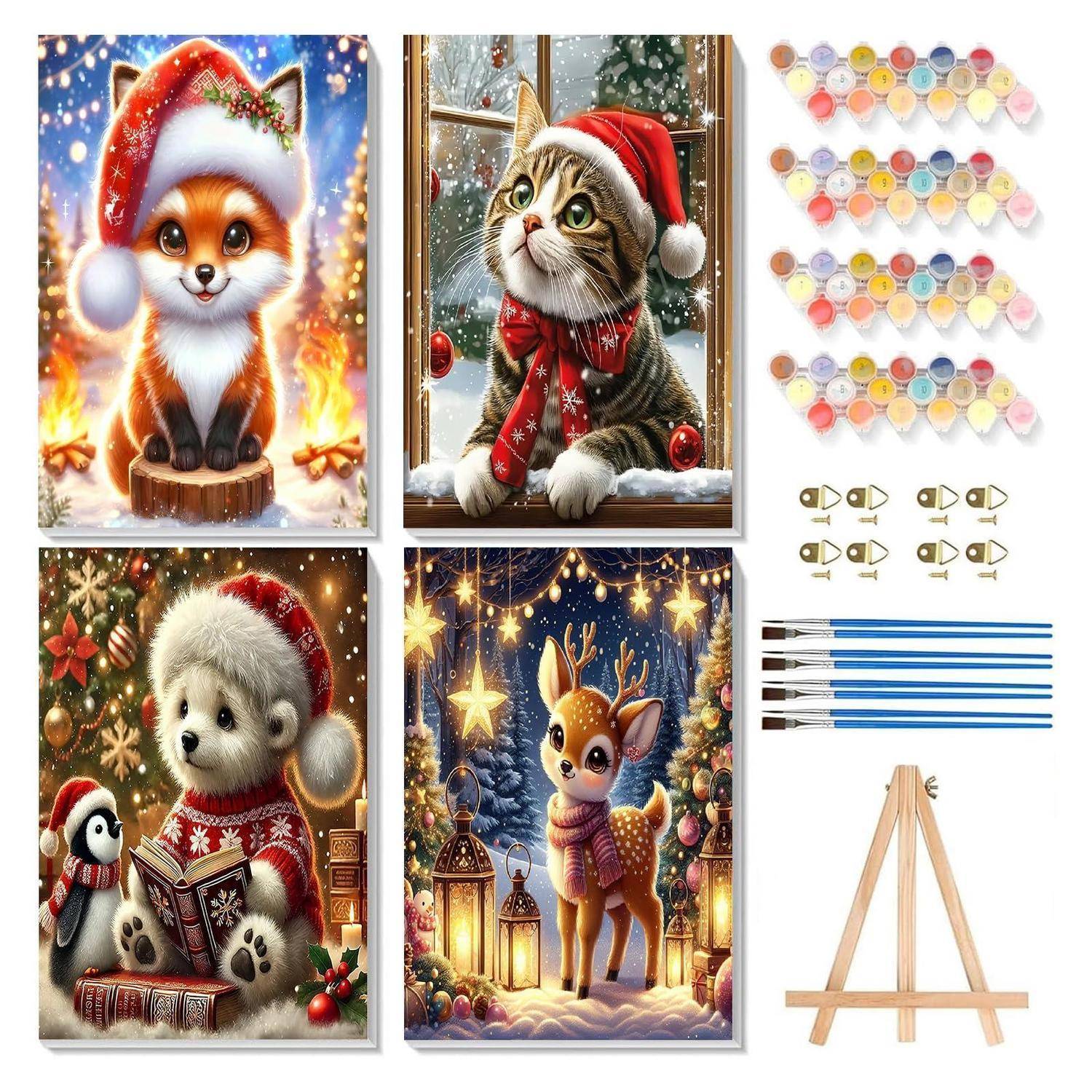 Collage aus vier festlichen Tirillustrationen – Fuchs, Katze, Hund und Hirsch in Weihnachtsmützen – plus Kunstbedarf: Farbpaletten, Haken, Pinsel und eine Holzstaffelei.