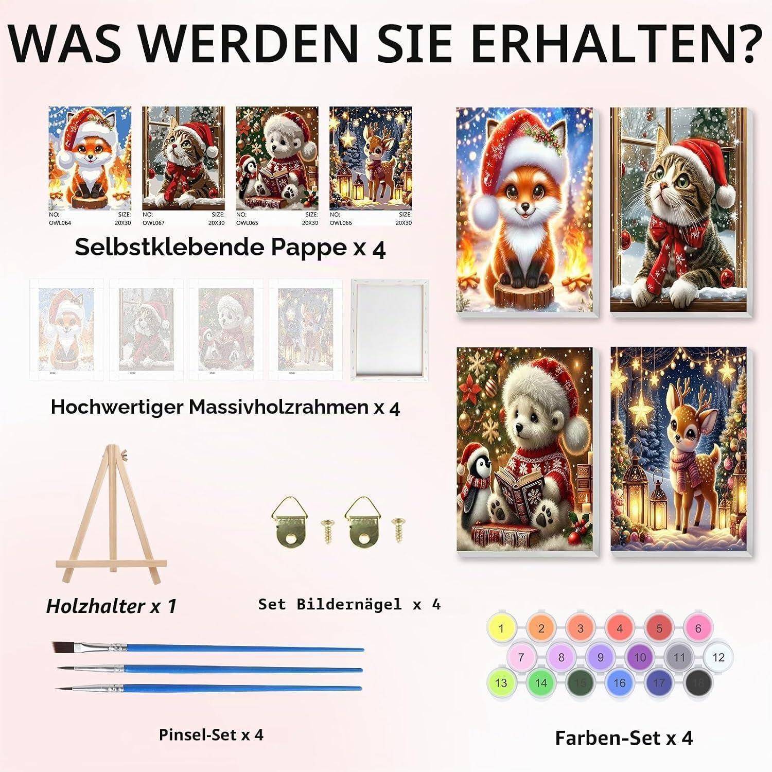Inhalt des Diamond-Painting-Sets: 4 selbstklebende Leinwände, 4 Vollholzrahmen, 1 Holzstaffelei, 4 Nagelsätze, 4 Pinsel und 4 Farbsätze.