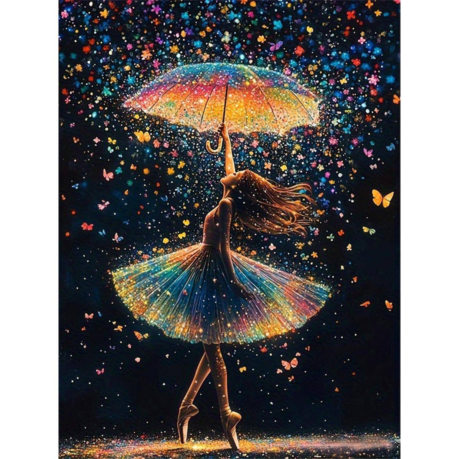 Eine Ballerina in Spitzenschuhen dreht sich unter einem Regenbogenschirm inmitten eines Regens aus bunten Glitzerpartikeln und Schmetterlingen vor dunklem Hintergrund.