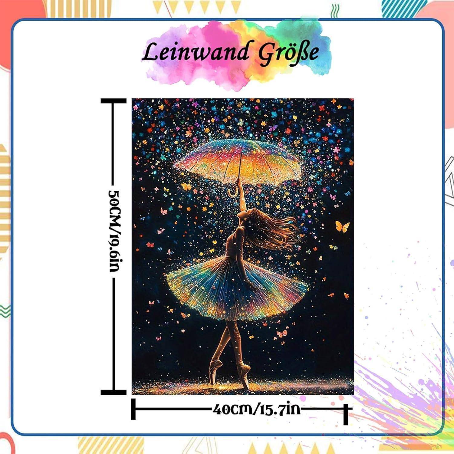 Plakat mit einer Ballerina, die mit einem Regenschirm tanzt; Leinwandgröße mit der Bezeichnung „Leinwand Größe
