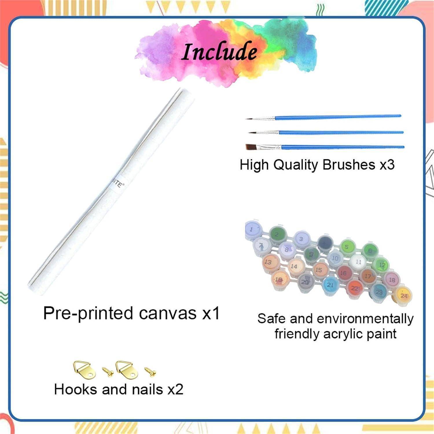 Produktinhalte-Grafik mit vorbedruckter Leinwand x1, hochwertige Pinsel x3, sichere Acrylfarbe und Haken und Nägel x2.