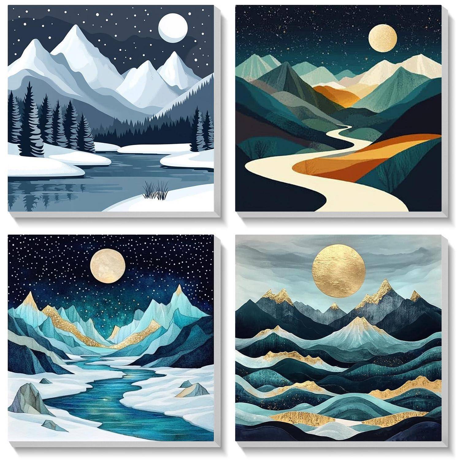 Vier stilisierte Berglandschaftspanels mit schneebedeckten Gipfeln, gewundenen Flüssen und mondhellen Nachthimmeln in verschiedenen Farbpaletten.