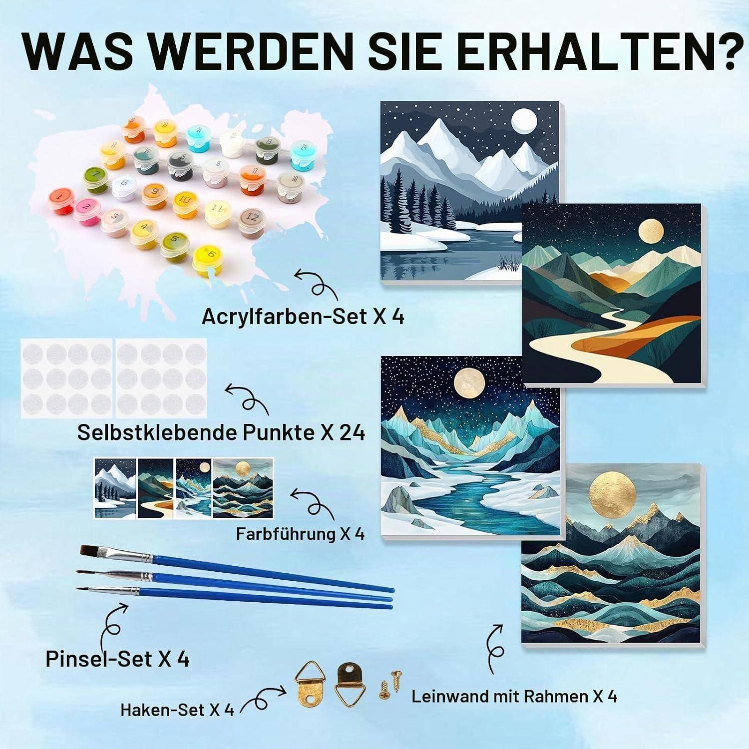 Werbegrafikfür ein Mal-Set mit folgenden Inhalten: 4 Acrylfarben-Sets, 24 Klebepunkte, 4 Farbführungskarten, 4 Pinsel-Sets, 4 Aufhänge-Sets und 4 bespannte Leinwände mit Beispielen von Berglandschaften.